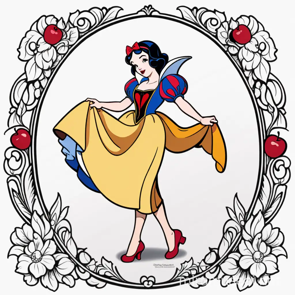  Snow White from disney, full body, vector art, colored illustration with a black outline.