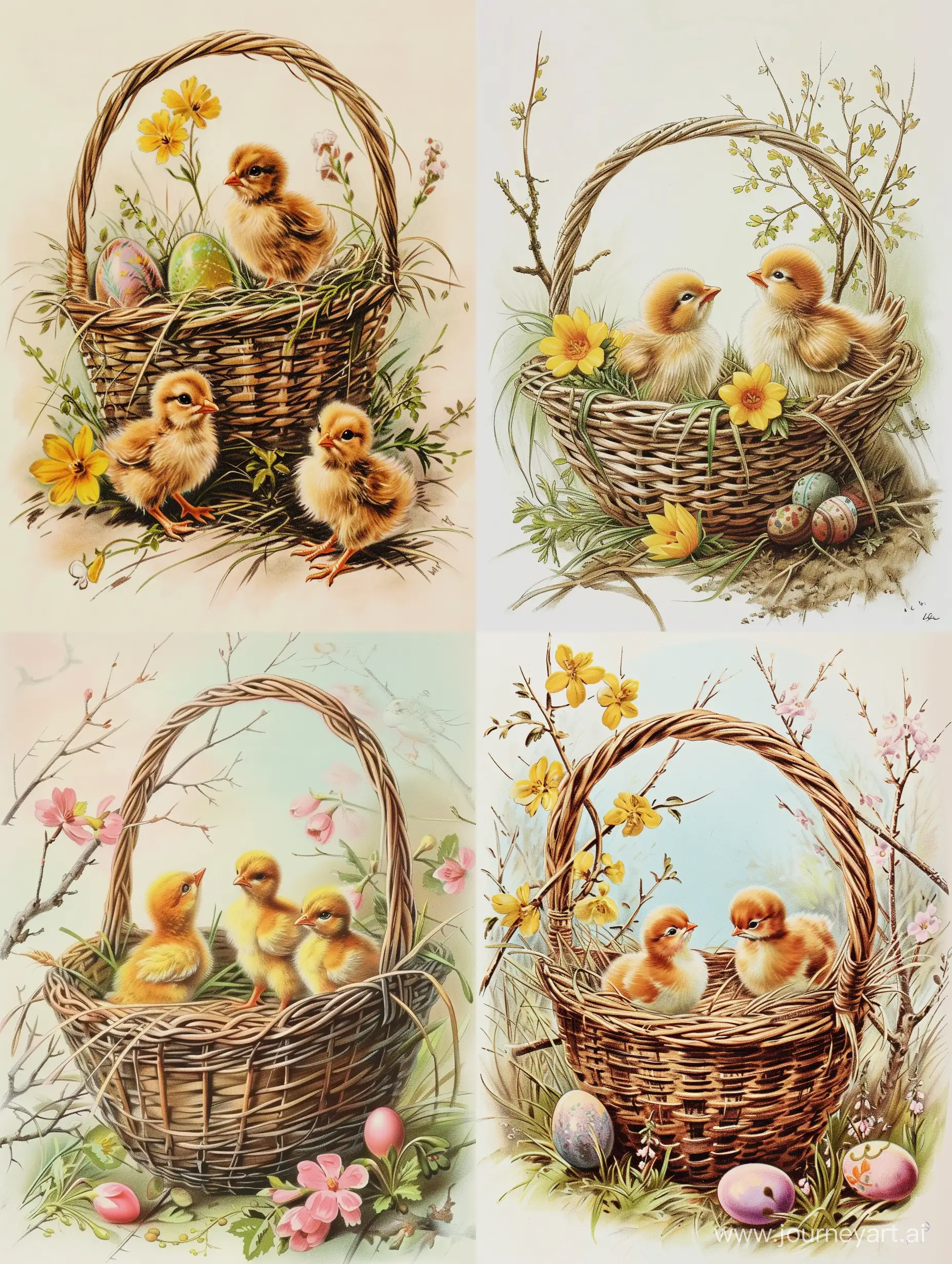 Пасхальная открытка с корочкой и цыплятами. Стиль рисунка российских художников 19 века.