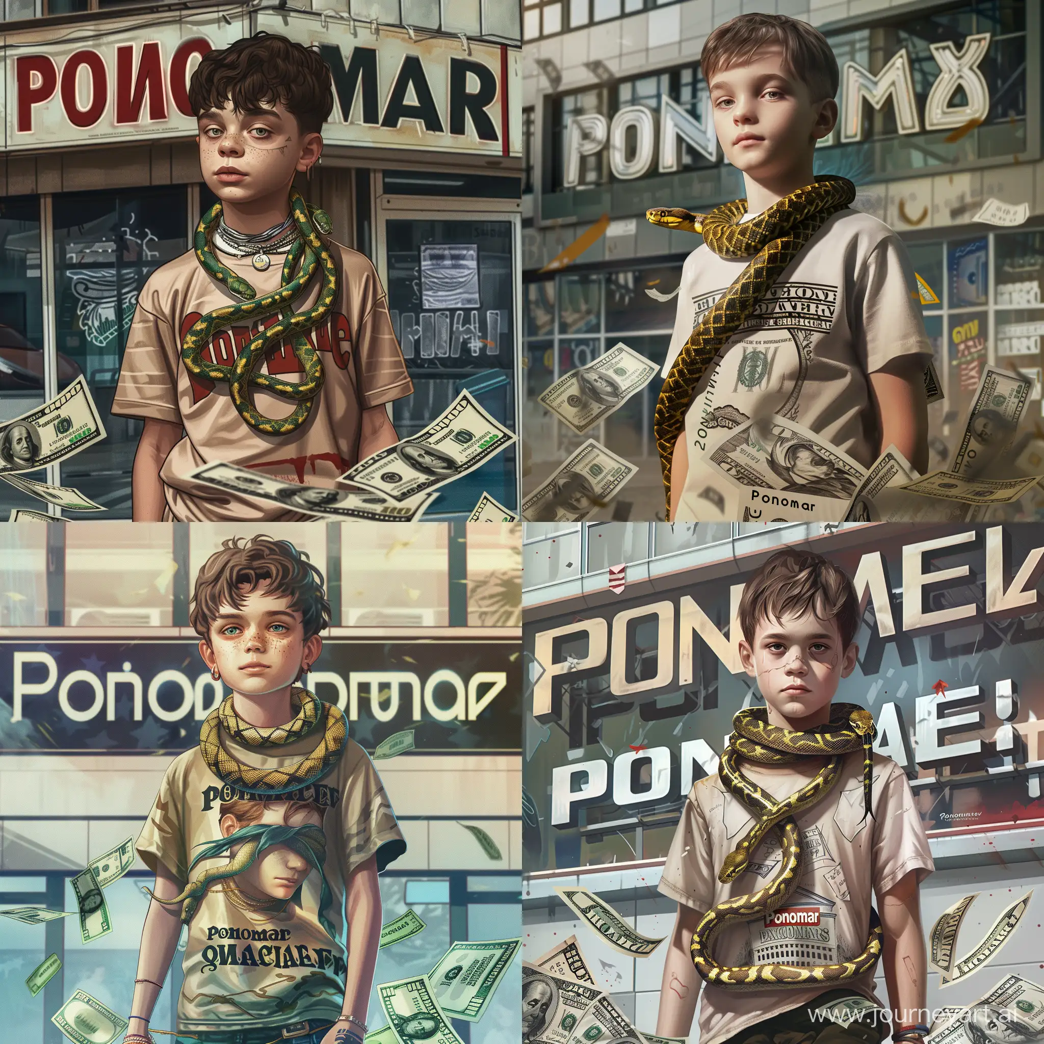 A teenage boy with a snake wrapped around his neck, standing against the backdrop of an IT building with a sign that reads 'Ponomarev'. There are dollar bills scattered around him. He's wearing a T-shirt with the text “Ponomar“