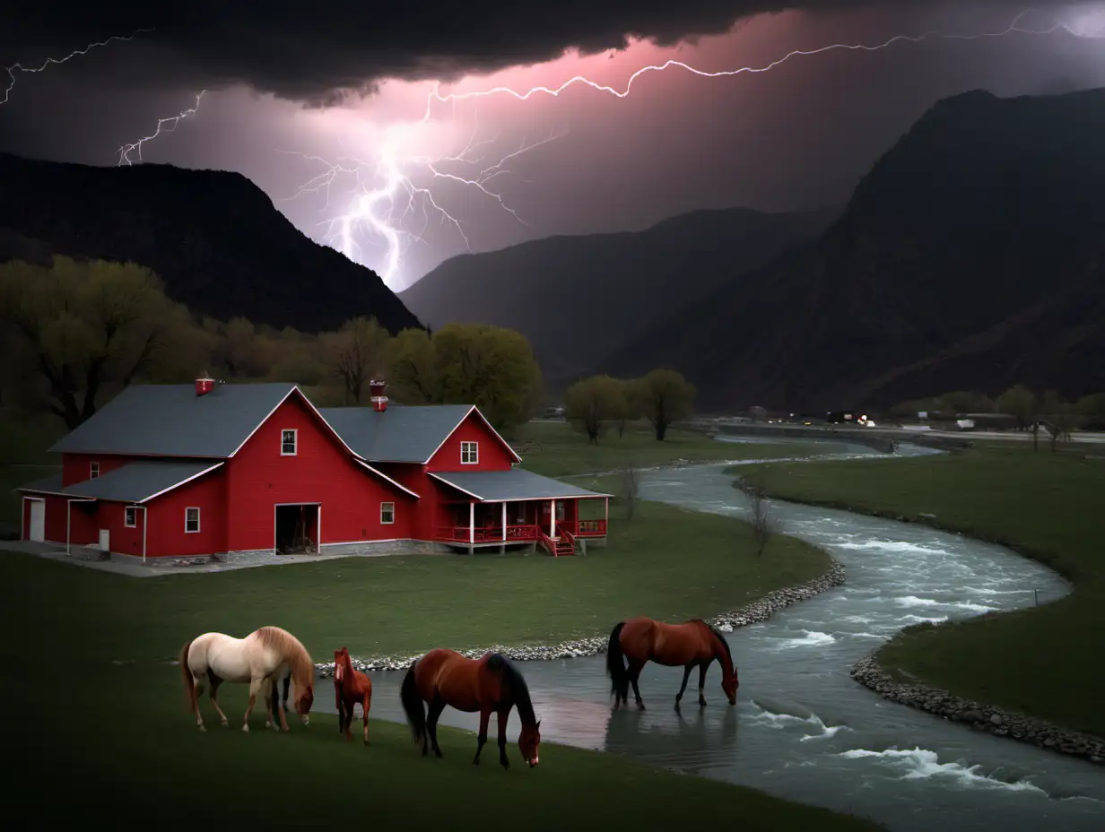 farm house, mountains, lightning, red, dark grey, river, horses