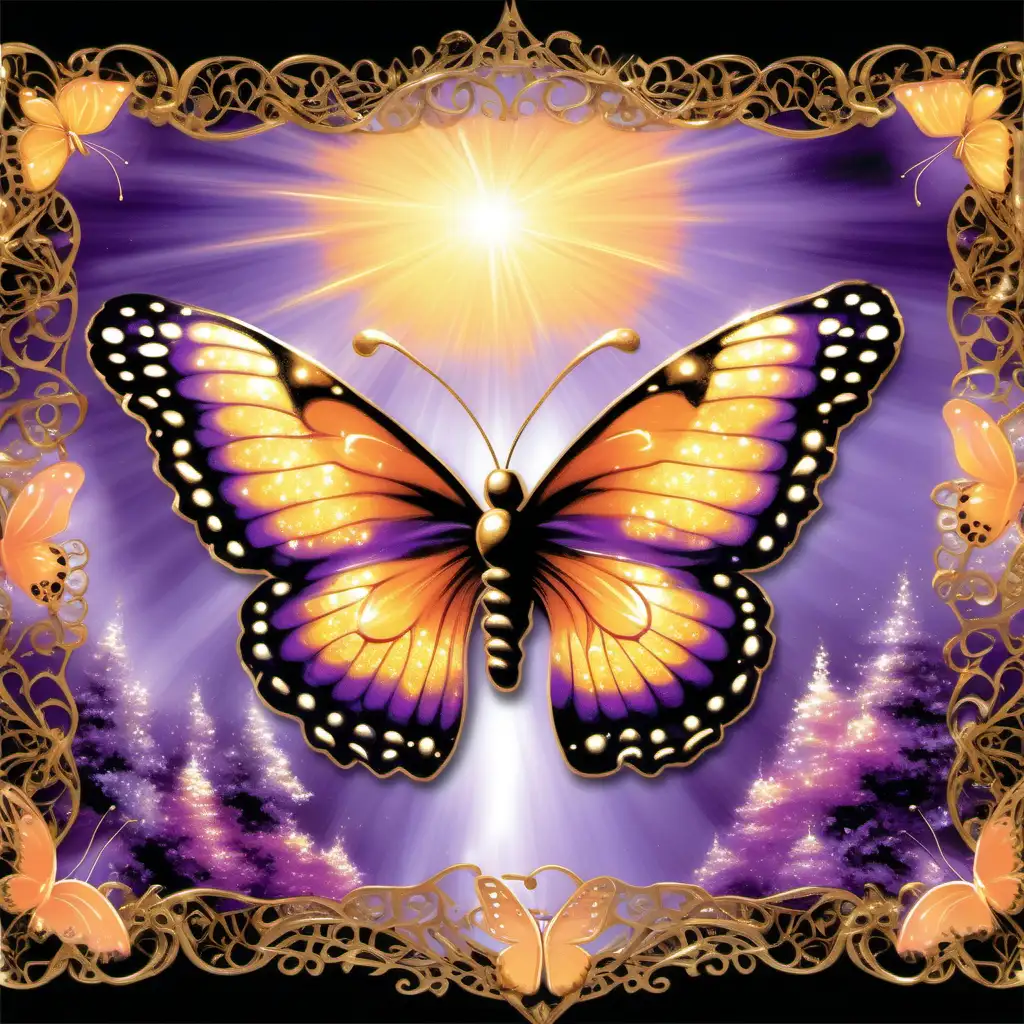 purple background, sunshine, butterfly, with peach and gold colorsplashl , wings, filigree, sparkle, glistening, glowing, glittery, bronze White, Black, gold, Thomas Kinkade
