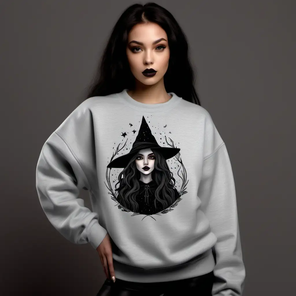 A MOCKUP FOR A N ASH GREY COLORED SWEATSHIRT.  THE MODEL SHOULD BE FEMALE AND SLIGHTLY WITCHY LOOKING