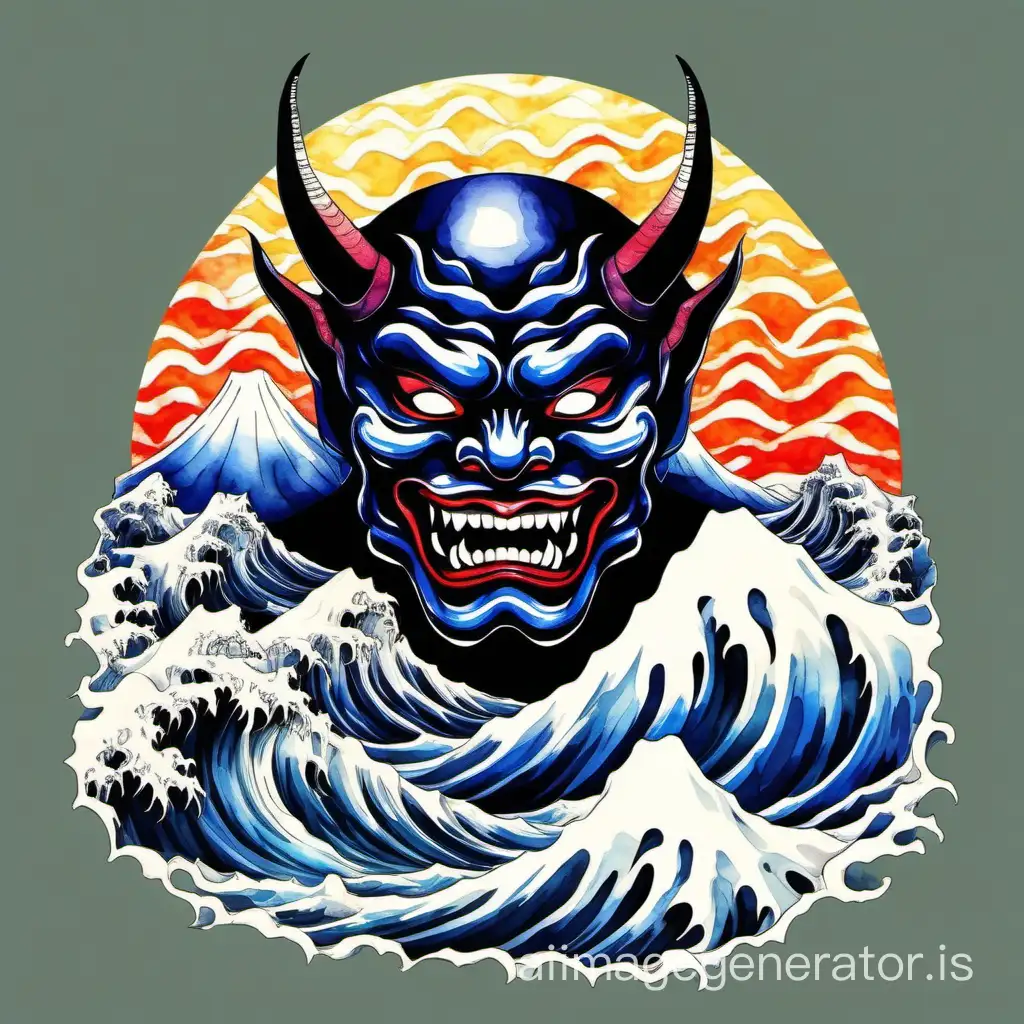 2D sumi-e Japanese demon mask with sea waves and Mount Fuji, sumi-e watercolor style, pop art multicolor, t-shirt design, watercolor brush, total black background