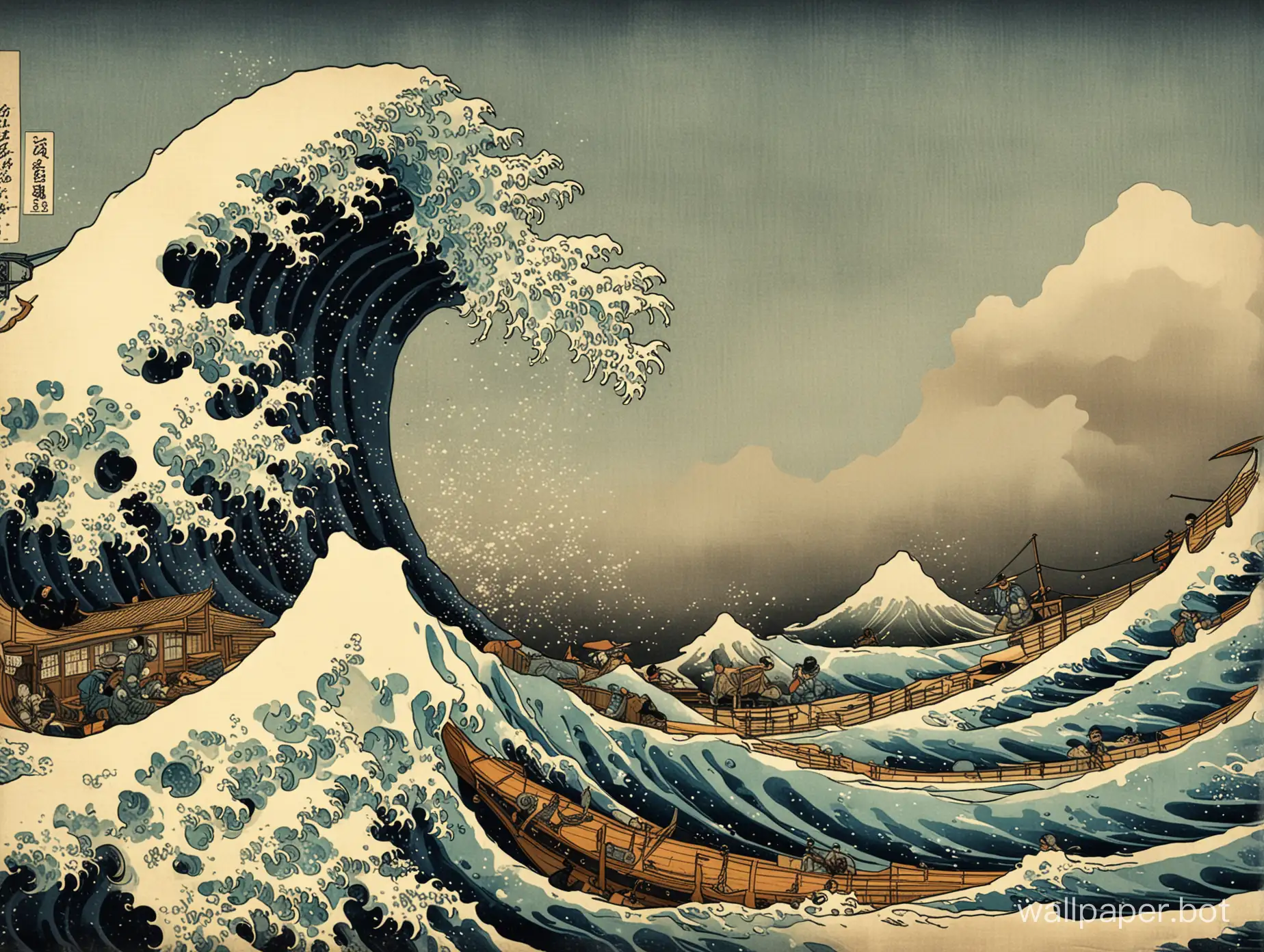 Ukiyo-e, nuclear pollution, mutated monsters, doomsday, monster, The Great Wave off Kanagawa, vintage effect, high definition