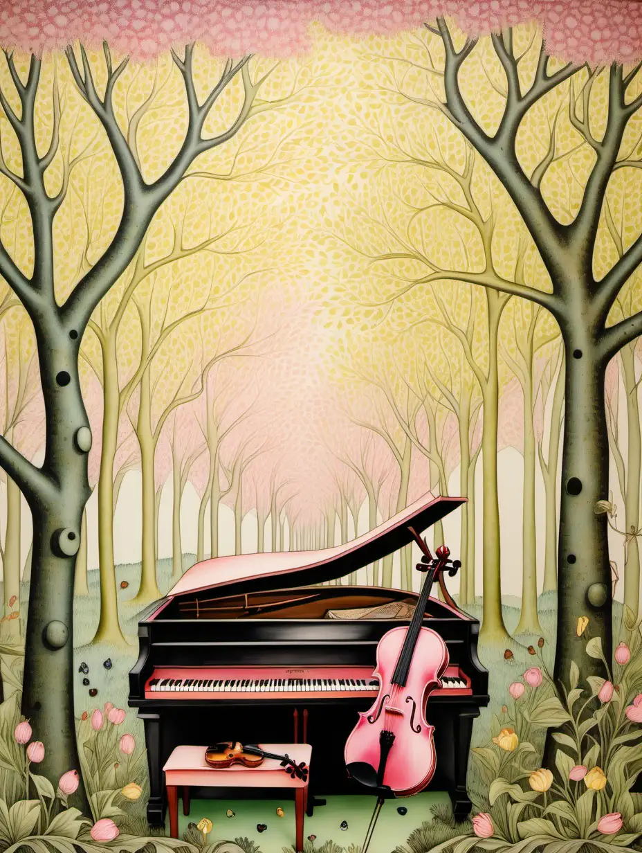 威廉・莫里斯畫風,畫森林,小提琴,鋼琴,在粉色,黃色,一點點綠葉,春天背景前,呈現夢幻感覺