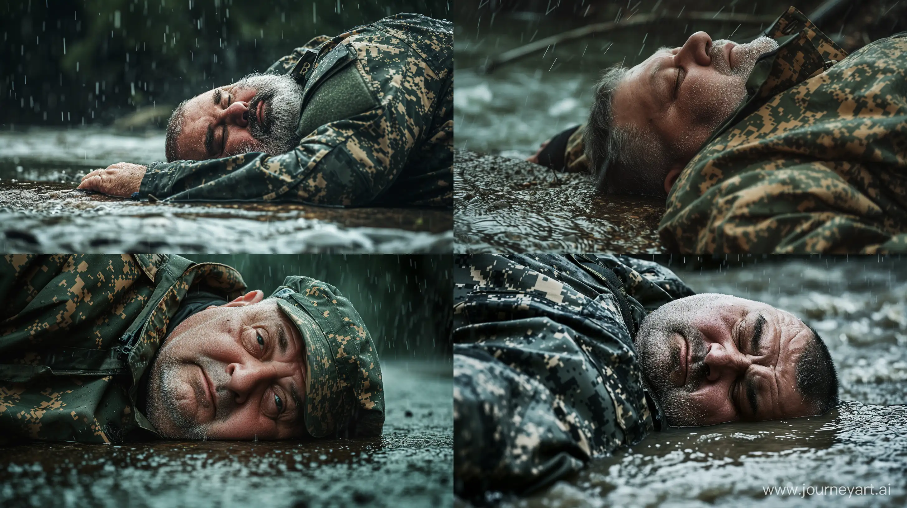 Close-up photo of a big fat man aged 60 wearing a military uniform lying on the ground in the rain. Natural Light. River. --style raw --ar 16:9
