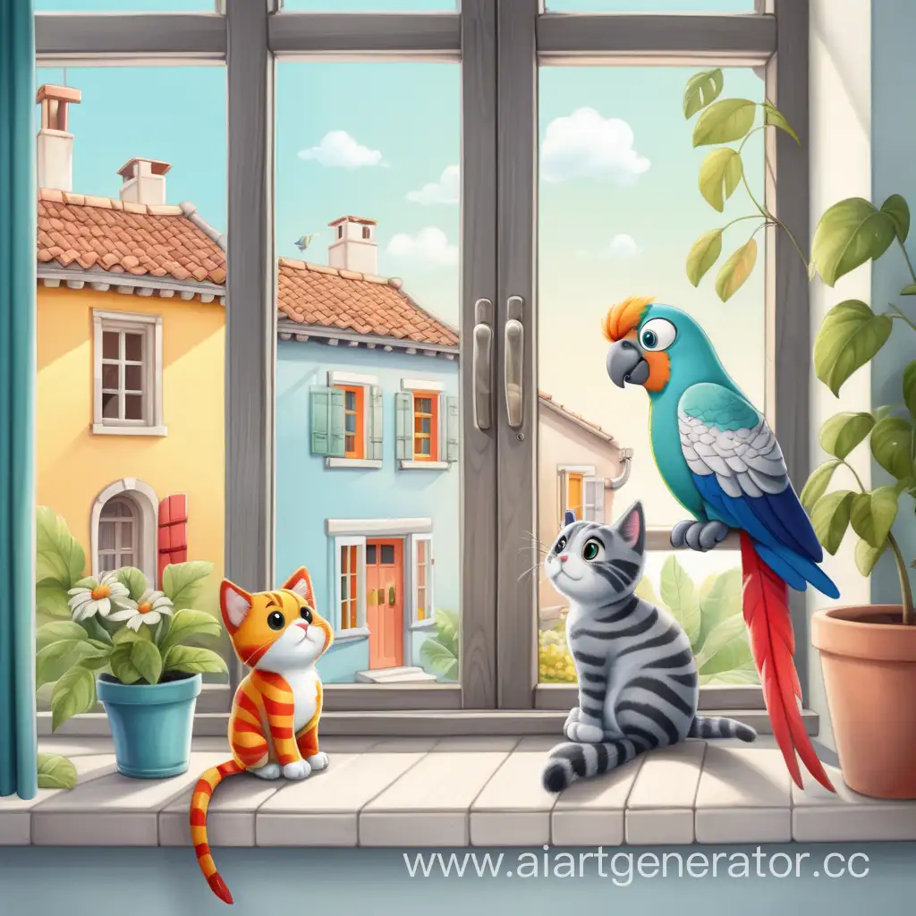 one cartoon colorful parrot and one cute cartoon gray striped cat are sitting on the windowsill, and outside the window is a courtyard with small houses, children are running in August