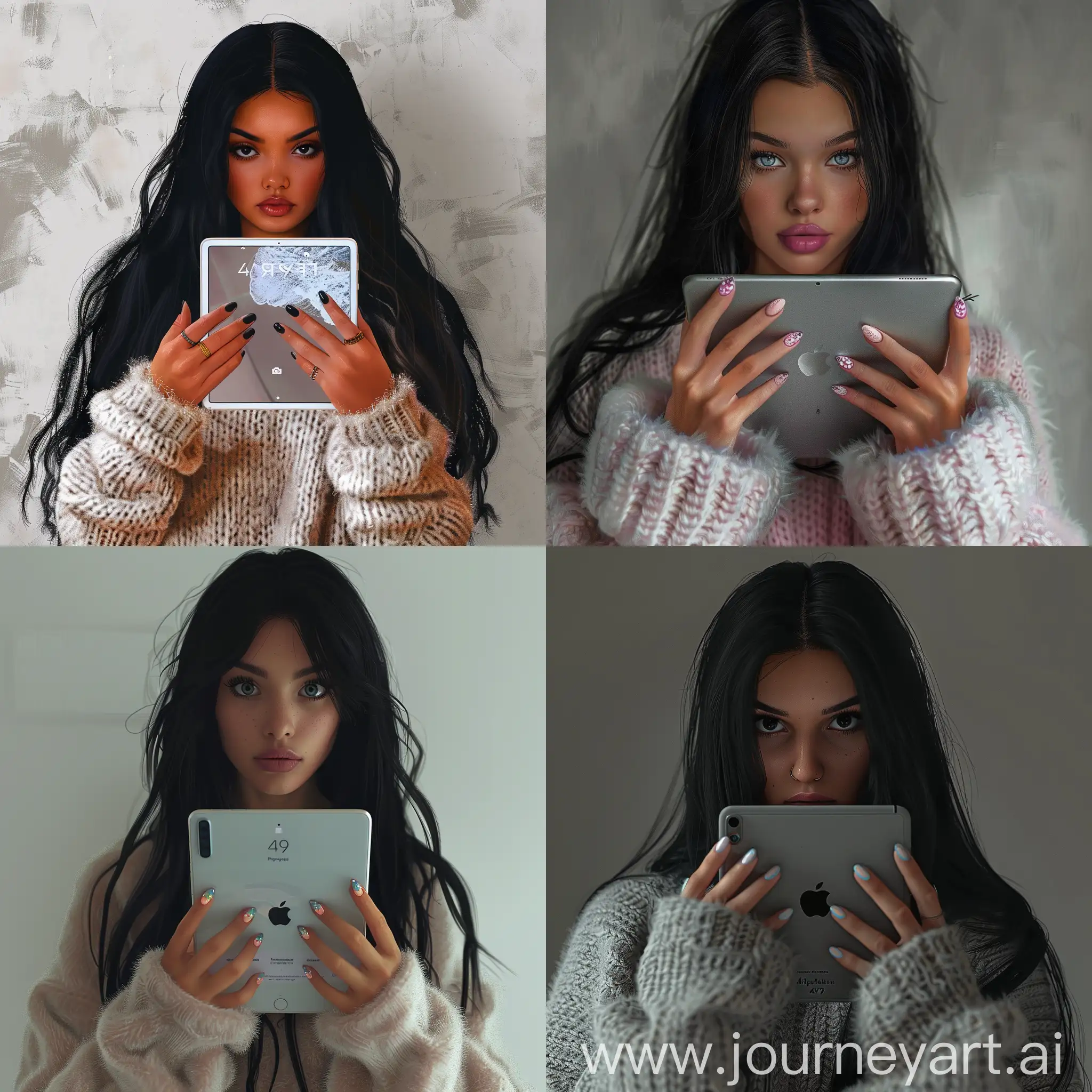 A girl with long black hair, beautiful nails, shares iPad 9 in her hands and looks forward, photorealism, soft plush sweater, 4:5
