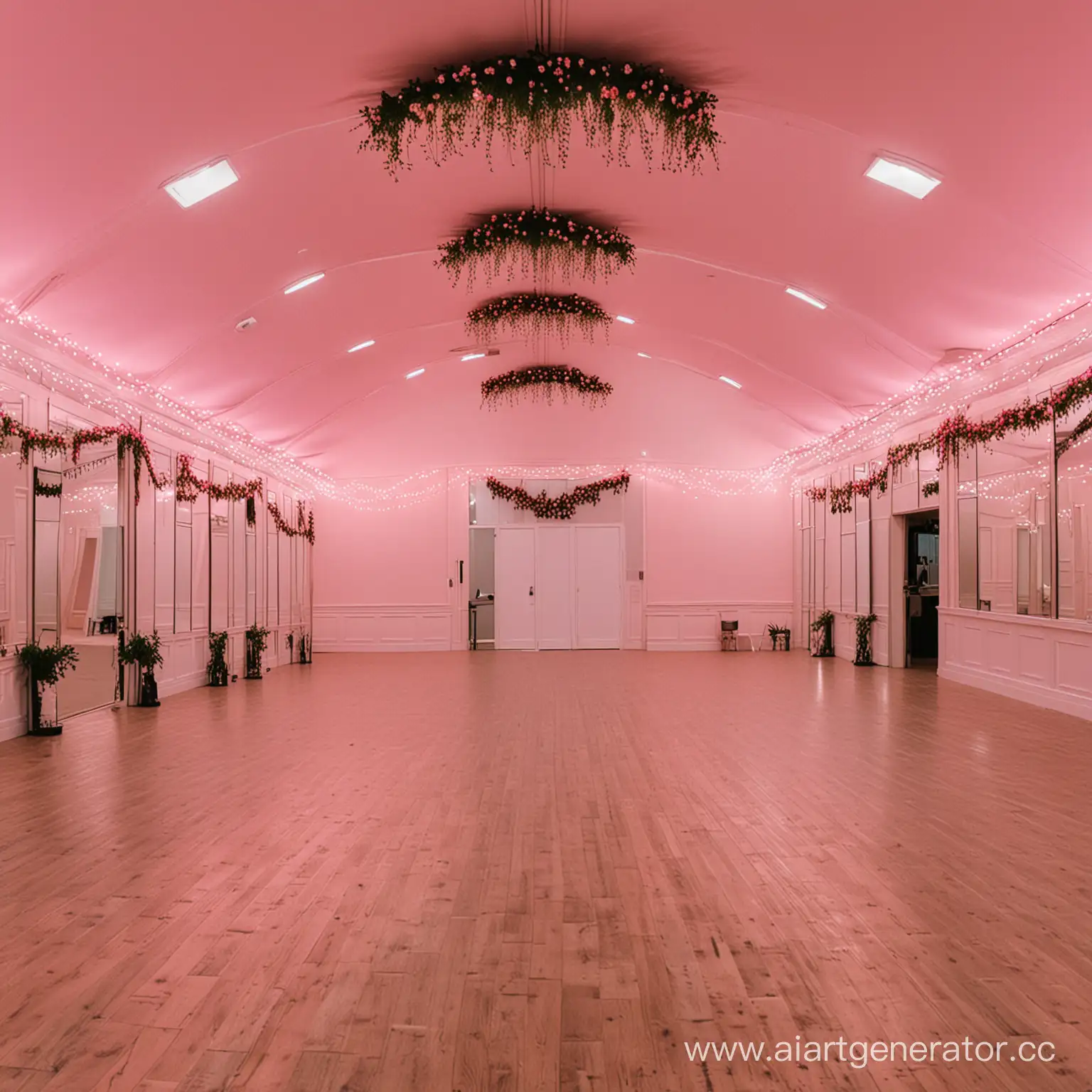 танцевальный зал с розовым освещением, большими зеркалами и гирляндой
