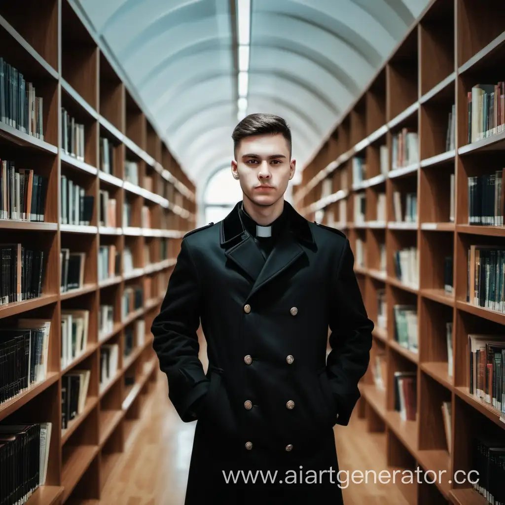 Focused-Librarian-in-Black-Uniform-Surrounded-by-Books