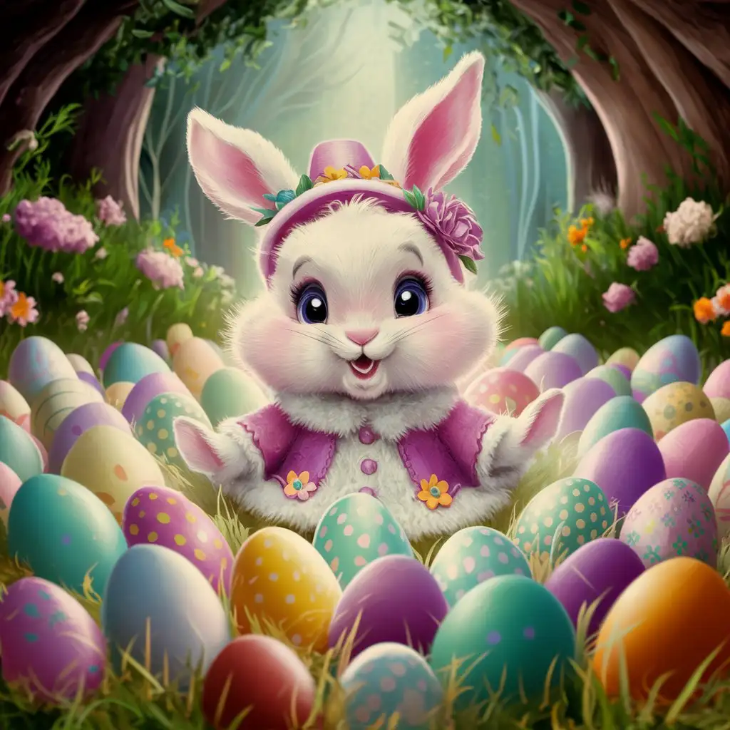 lapin de Pâques entouré d'œufs multicolores dans la foret magique
