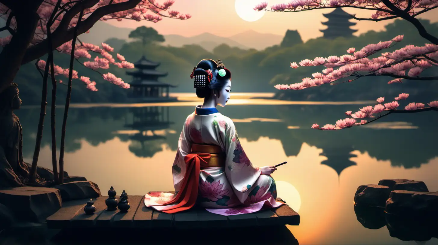 Tranquil Japanese Geisha by Lotus Lake in Buddhist Setting