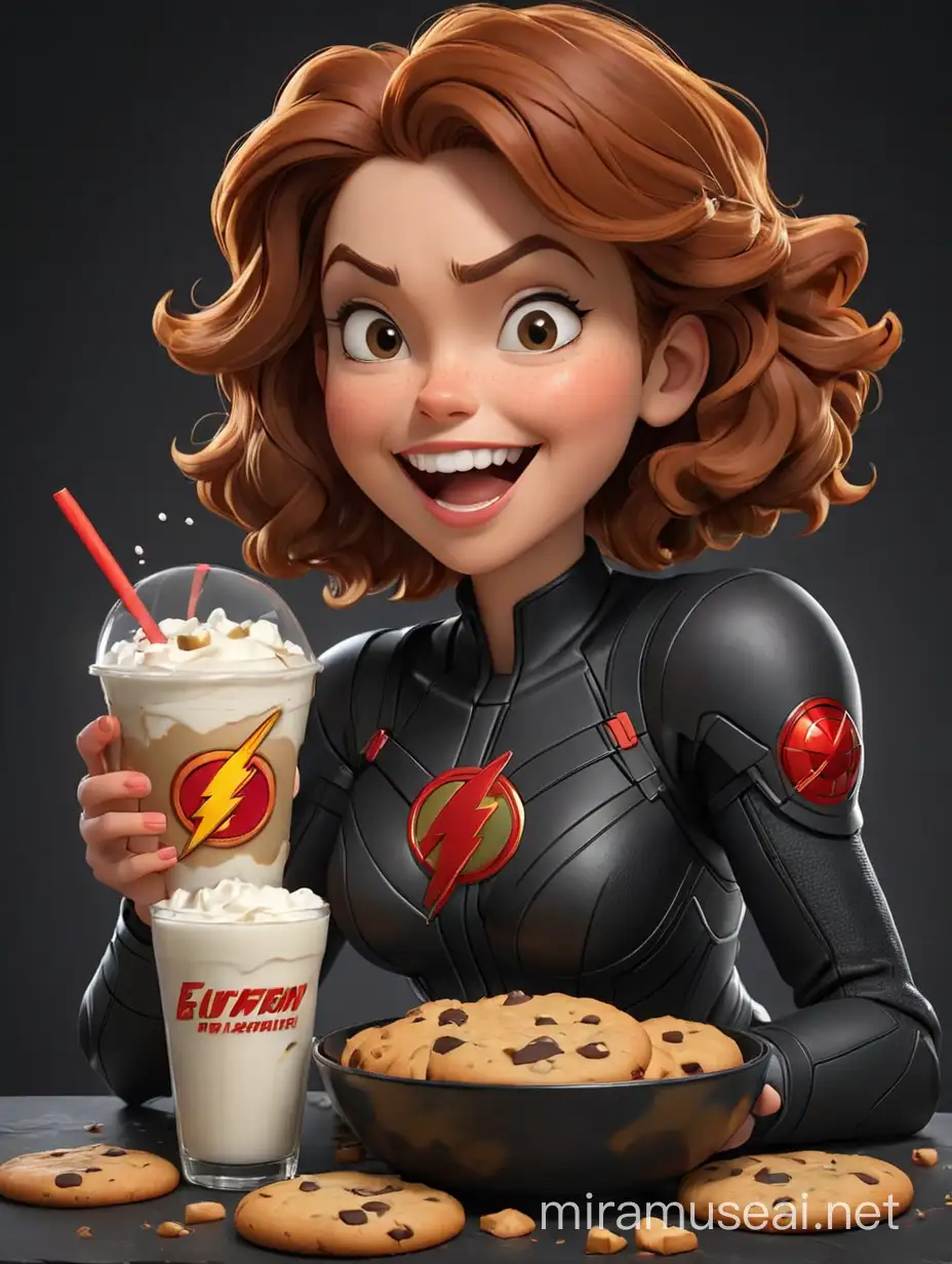 make a 3D animation caricature cartoon photo, The Flash, The charm of black widow stood while eating a giant cookie and a large bowl of milk with ice cube in the middle with a smile look to the audiens expression, no table, black background, high contrast