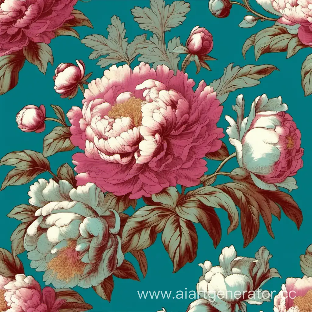 BaroqueInspired-Peonies-and-Buds-Seamless-Wallpaper-in-Pastel-Colors-on-Teal-Blue-Background