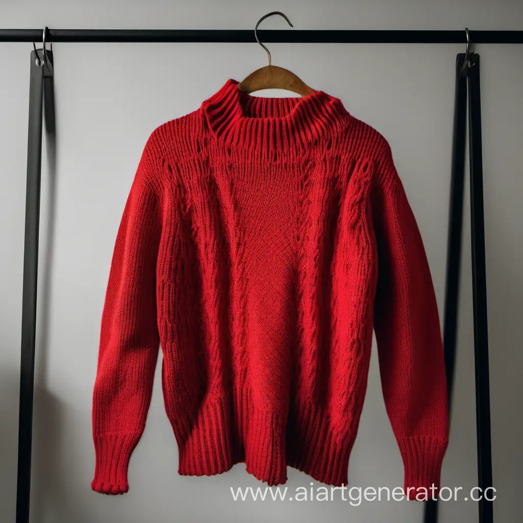 Уютный растянутый красный свитер на вешалке