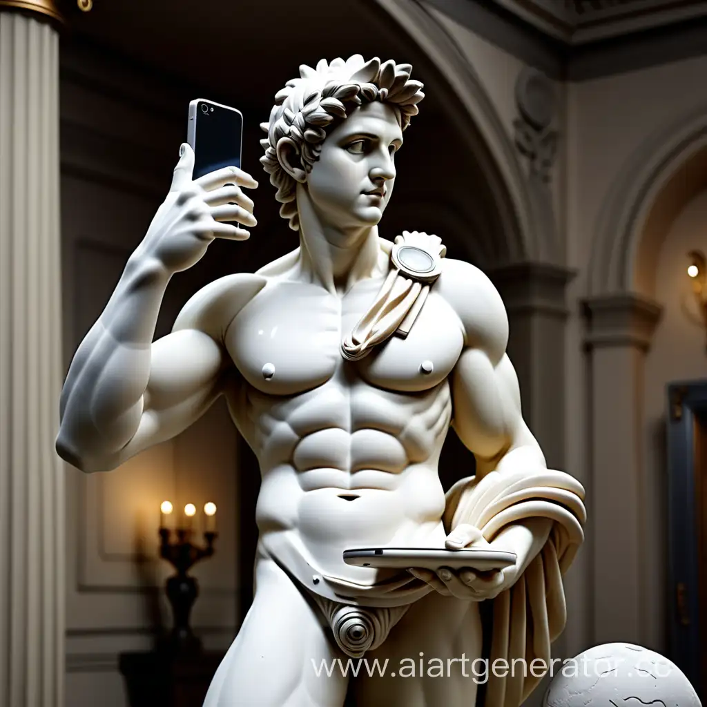 скульптура аппалона из гипса с телефоном в руках
