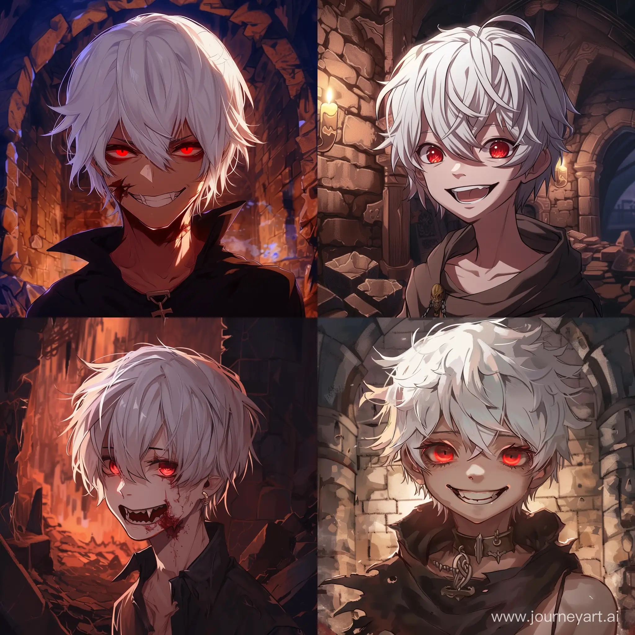 anime, 1boy, white hair, short hair, disheveled hair, Red eyes, dungeon background, grin, I look at the viewer 