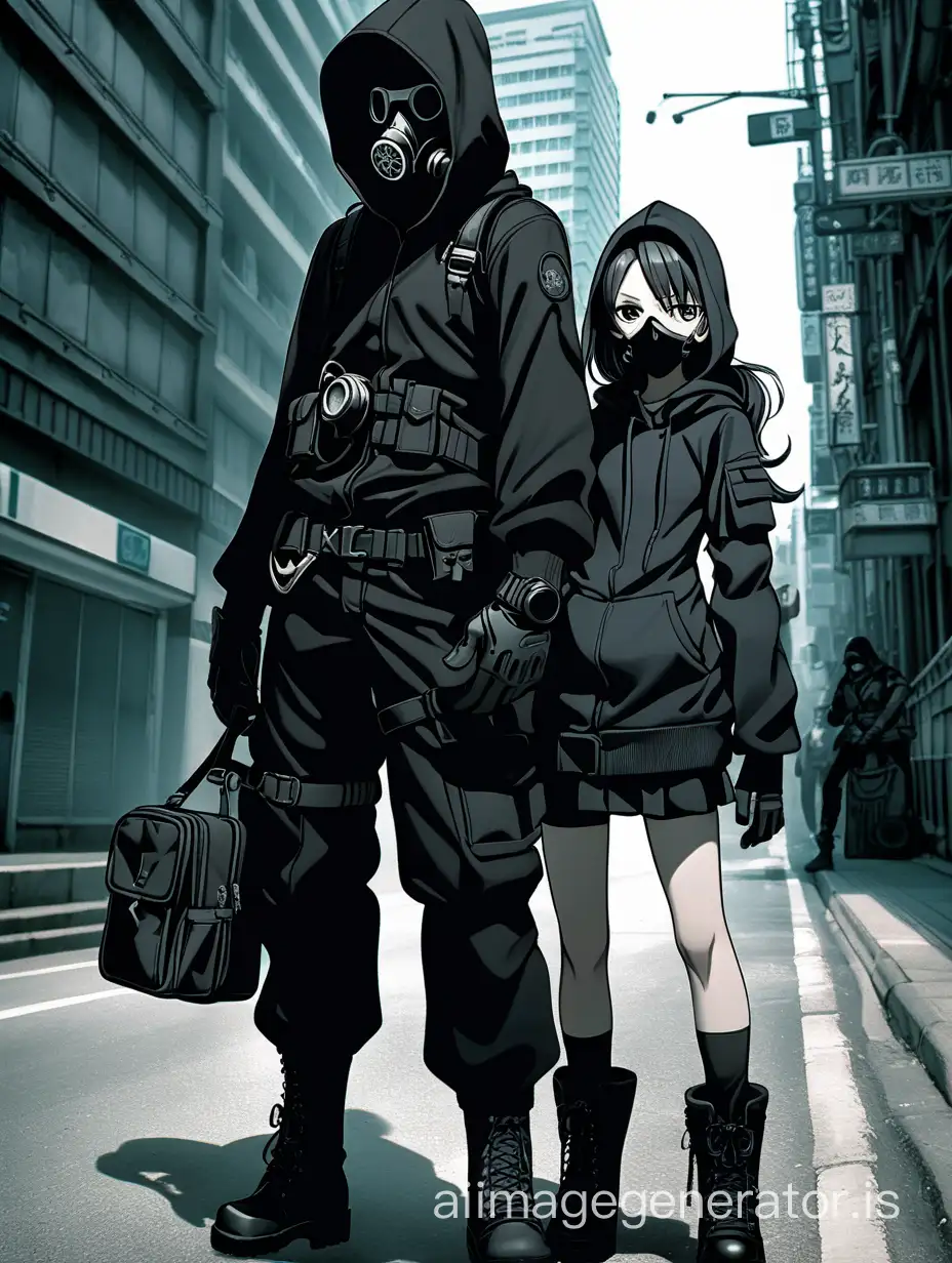 A man in black special clothing with black gloves, a gas mask with a black hood, and black boots stands next to a girl in black special clothing in the city. In anime style.