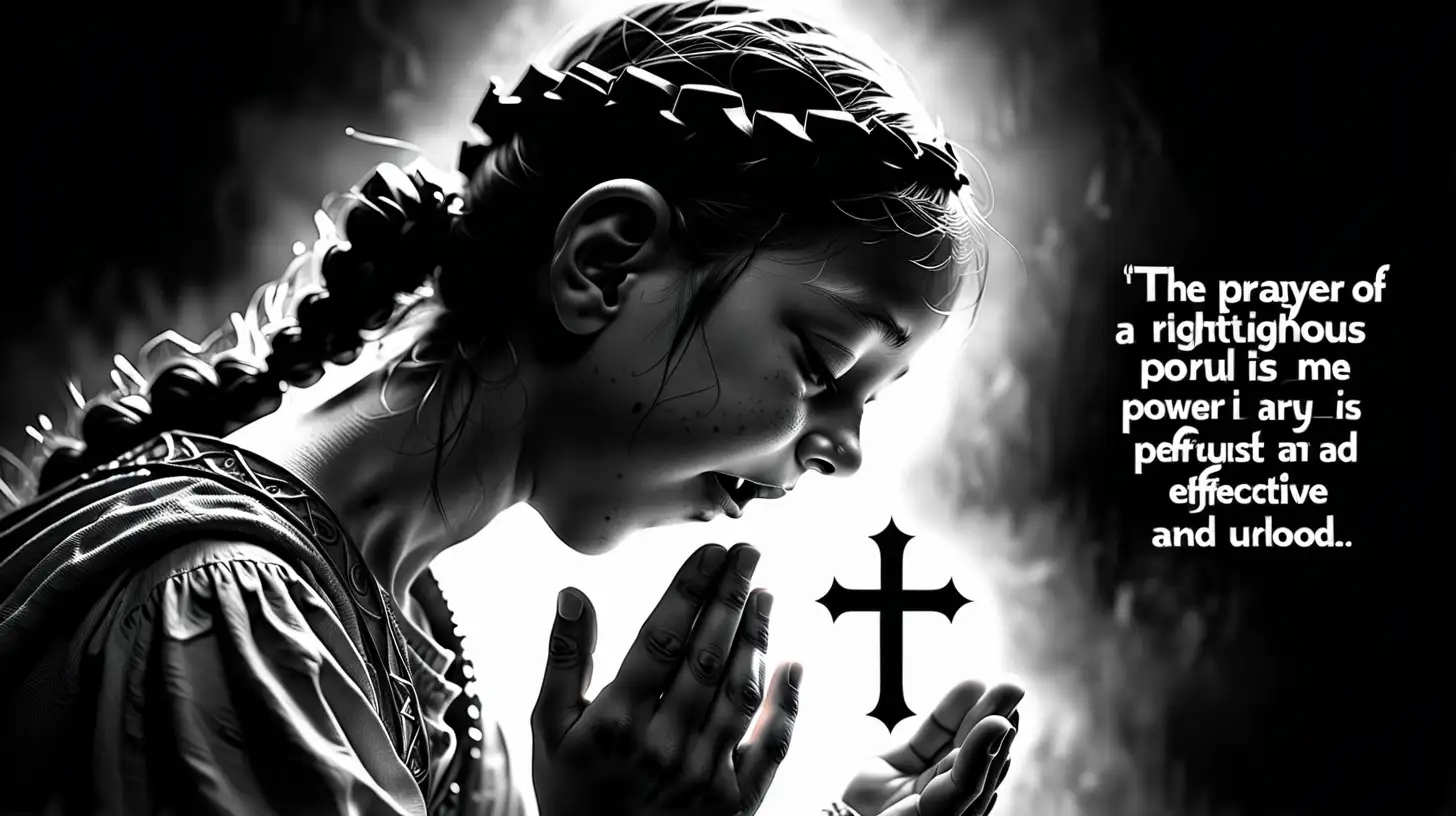 Image themed as "The prayer of a righteous person is powerful and effective." Black-and-white coloring image. Ages 5+. I don't want any text or words in the image. UHD
