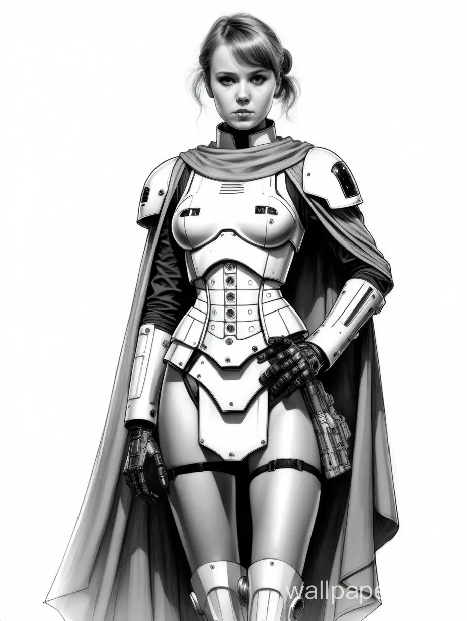 Young Anna Rouson, Russian. Pilot of a combat robot stormtrooper with short light hair and bangs, large bust size 4, narrow waist, wide hips, corset with lacing and steel decoration, skirt with metallic overlays, short cloak on the right shoulder, black and white sketch, white background, nude style