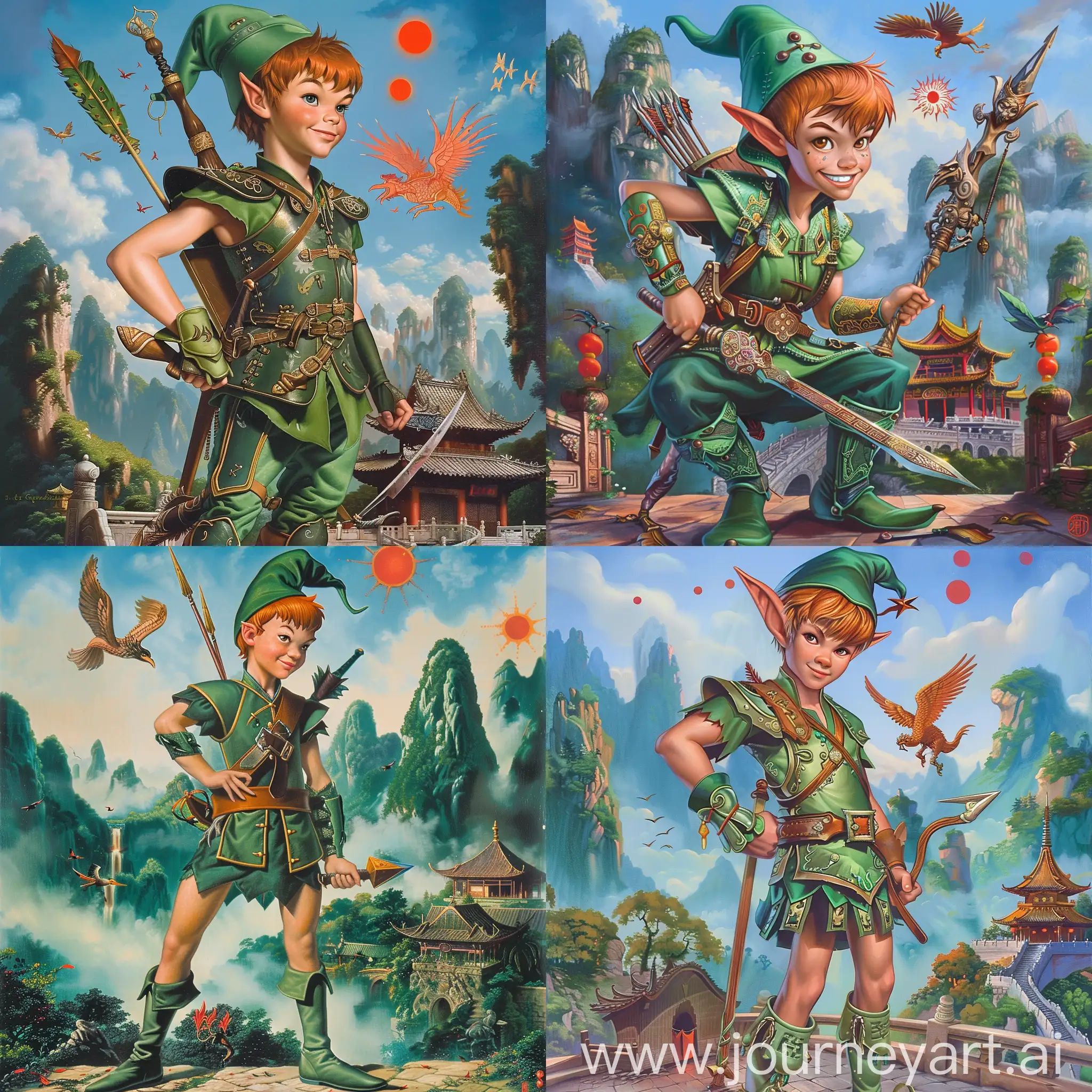 Historic painting style:

a Disney handsome Peter Pan, from the Peter Pan cartoon,

with orange brown hair,

he wears a green Robin Hood's hat,

he wears deep green and light green colors Chinese style medieval armor and boots,

he holds a Chinese dagger in right hand, 

Chinese Guilin mountains and temple as background, small phoenix and three small red suns in blue sky.