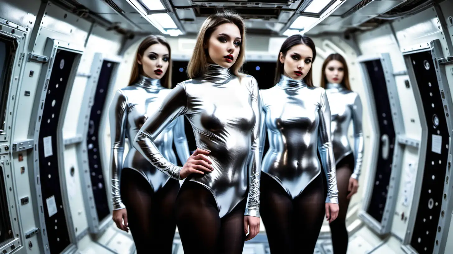 Fashionable Romanian Women in Silver Turtleneck Leotards on a Futuristic Space Station