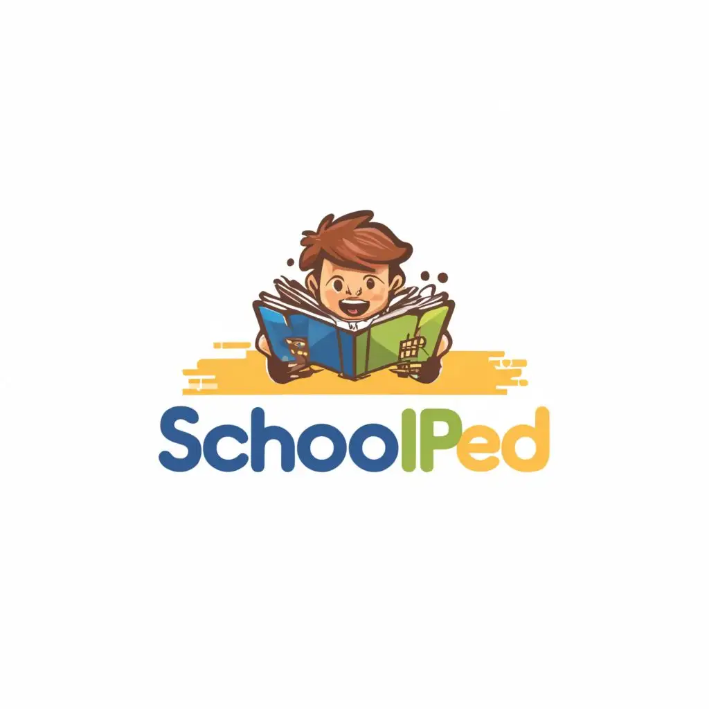 logo, a kid reading from laptop, with the text "SchoolPed", typography, be used in Education industry