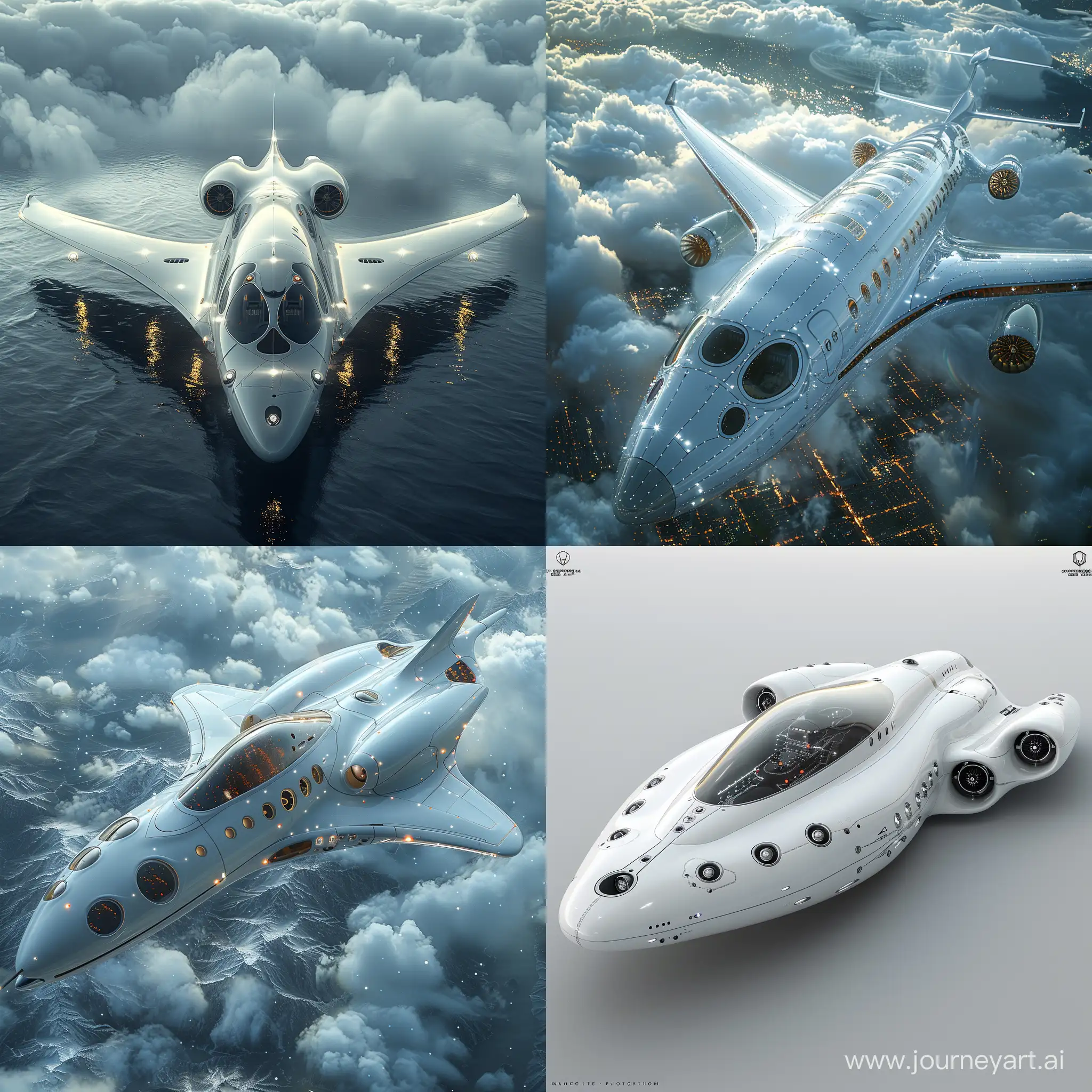 Futuristic sci-fi high-tech passenger airplane, heavy-duty composite materials, octane render --stylize 1000