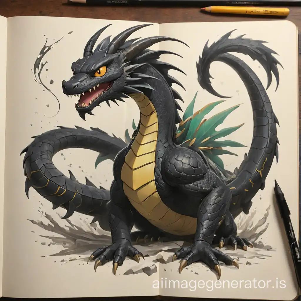 Sketchbook Style, Sketch book, hand drawn, dark, gritty, realistic sketch, Rough sketch, mix of bold dark lines and loose lines, bold lines, on paper, turnaround character sheet, pokemon black rayquaza, a black snake dragon, no legs, arcane symbols, runes, dark theme, Perfect composition golden ratio, masterpiece, best quality, 4k, sharp focus. Better hand, perfect anatomy.