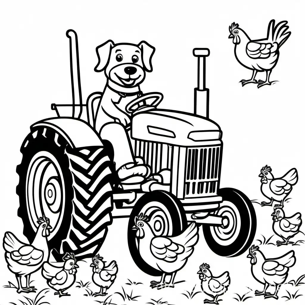 dog and chickens on a tractor
, Coloring Page, black and white, line art, white background, Simplicity, Ample White Space. The background of the coloring page is plain white to make it easy for young children to color within the lines. The outlines of all the subjects are easy to distinguish, making it simple for kids to color without too much difficulty