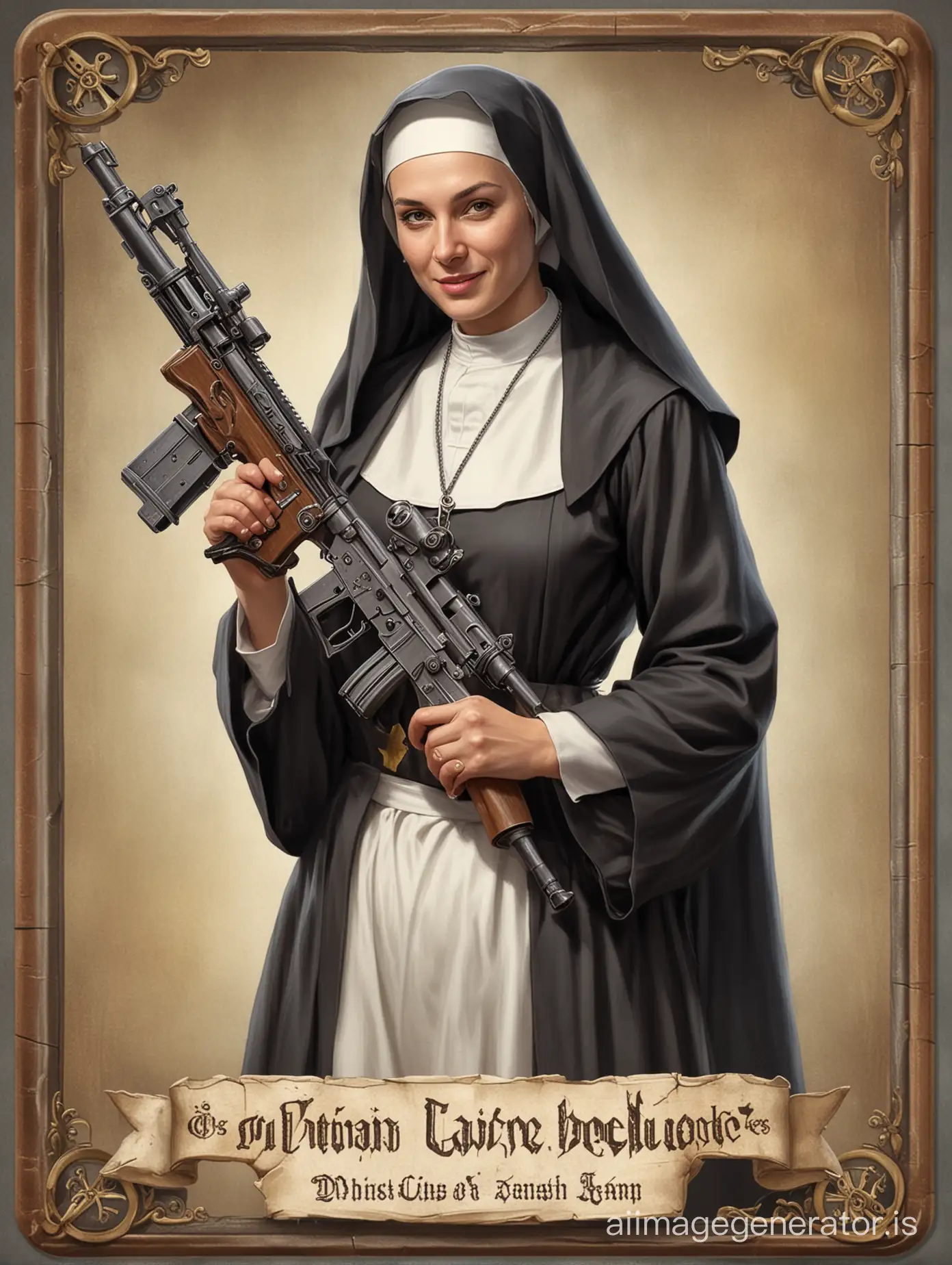 create a board game card depicting a nun holding a machine gun