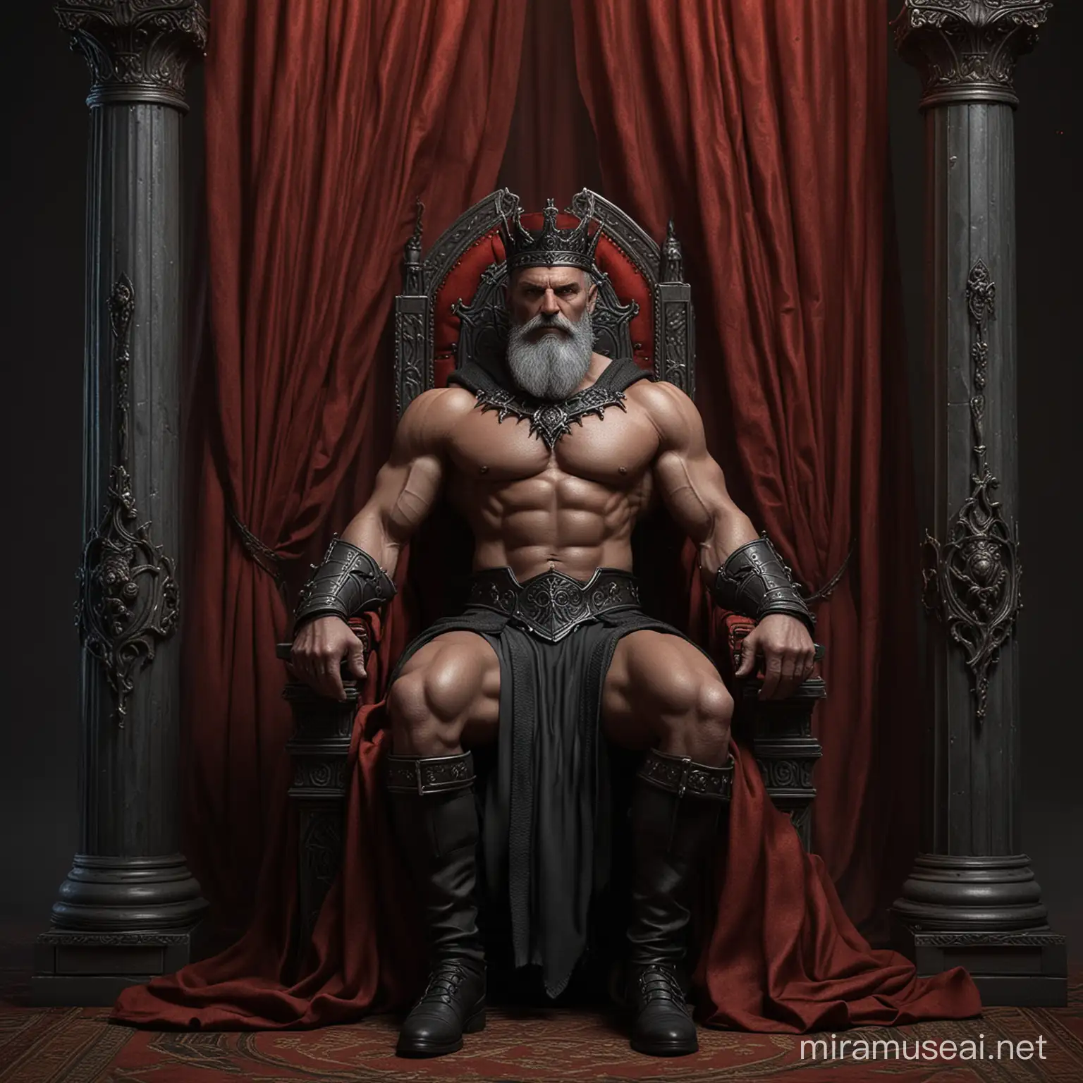 photorealistic dark lord, mature king sorcerer, handsome face, short grey beard, full body, very strong muscular body, toned muscles, six-pack, big arms, wearing a black crown, seating on a throne between two pillars, red curtains, fire touches, dark environment, very realistic, short beard