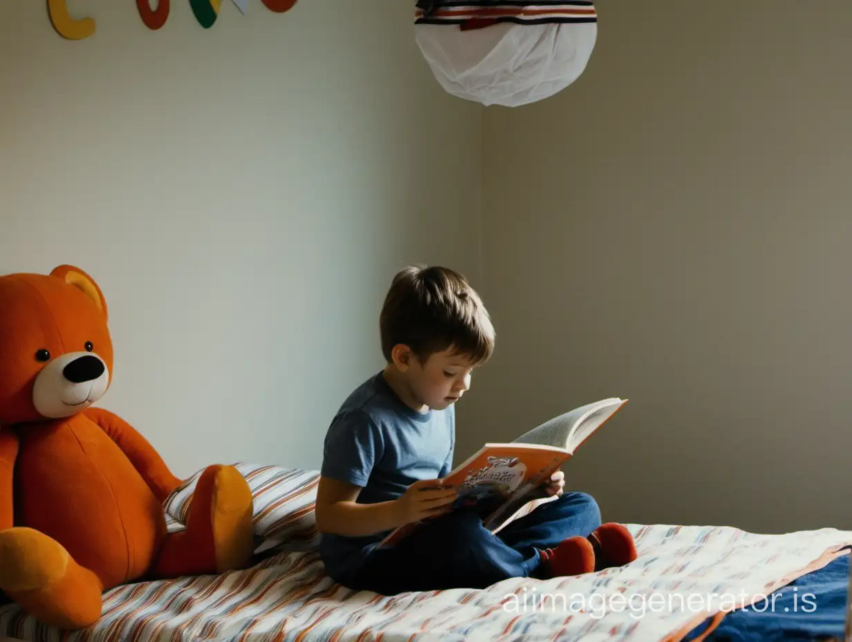 a little boy reading in a boy's bedroom
