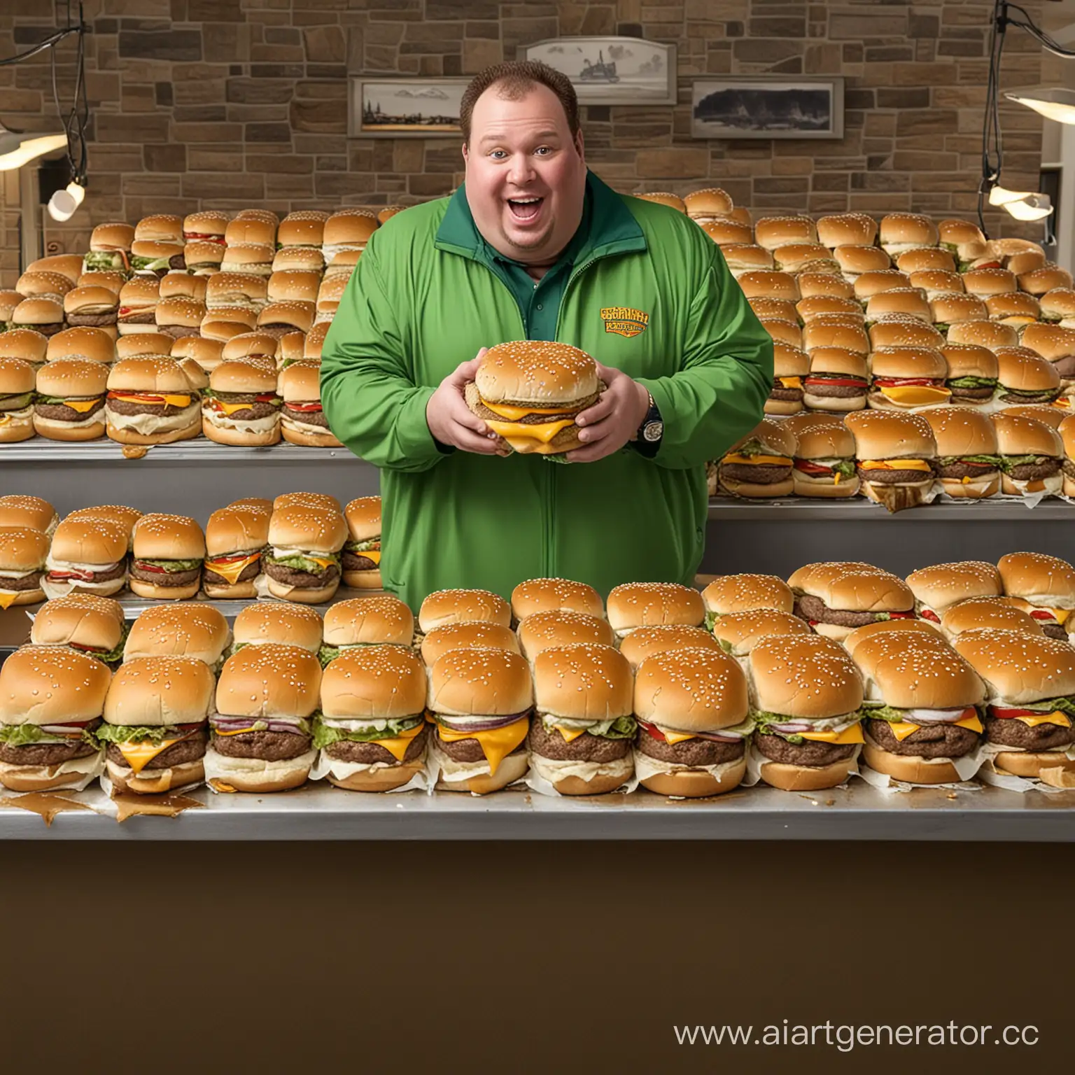 Толстый мужик в зеленой куртке съедает 36 чизбургеров