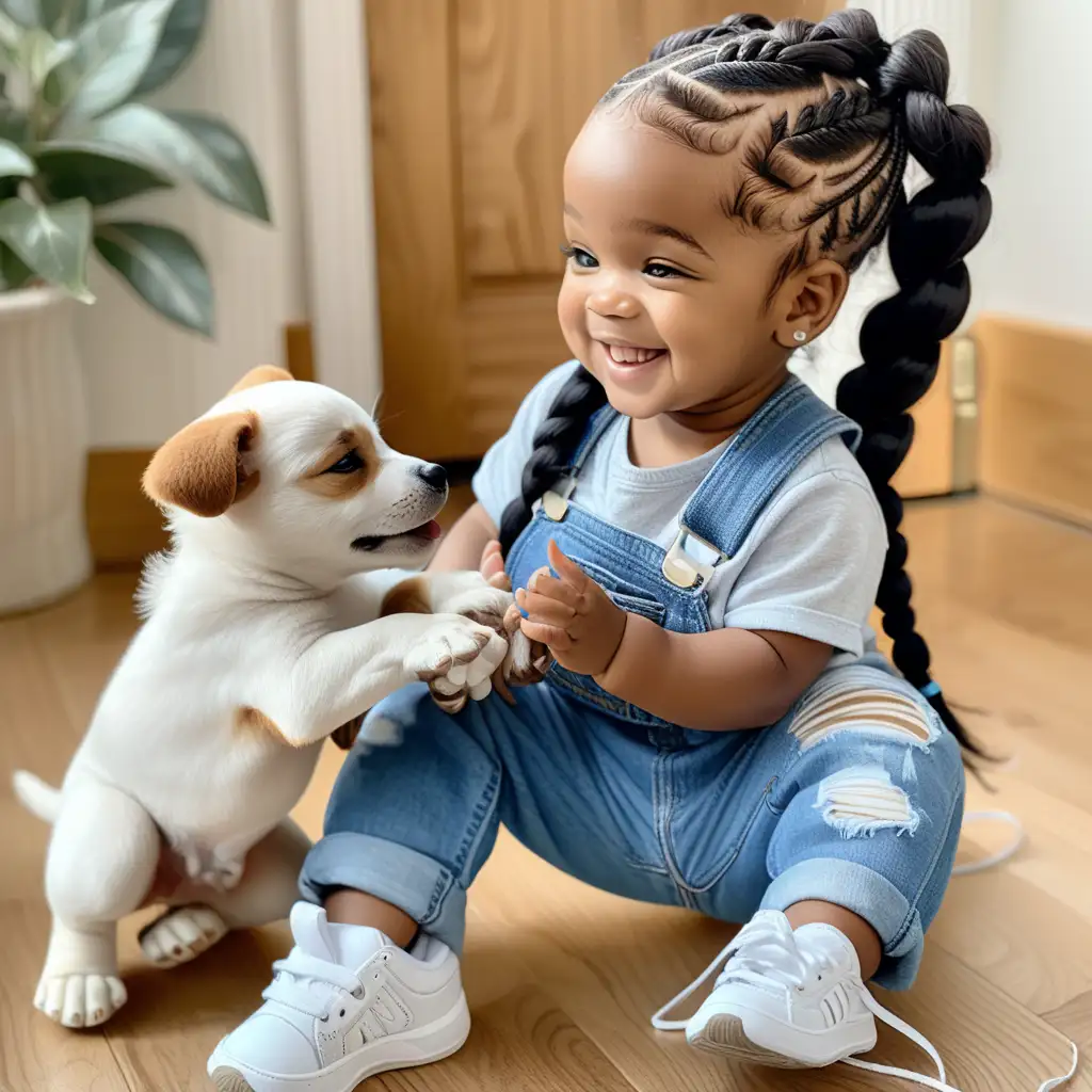 african american baby with long  braids,  a jean outfit, sneakers, smiling playing with a puppy