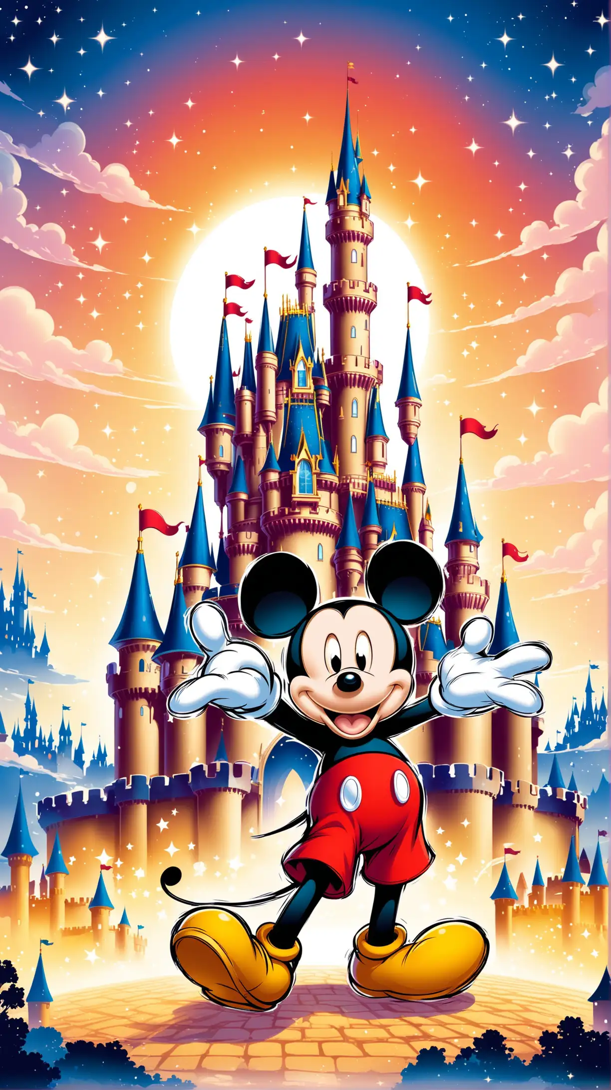 Mickey Mouse Creating Magic with Ink Brush in Enchanted Castle Scene