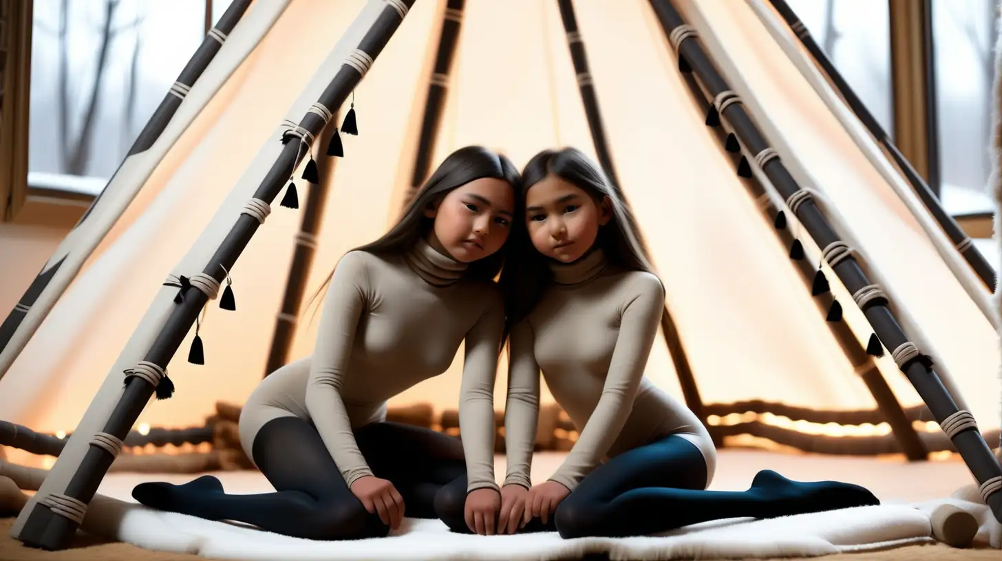  slender native american girls in a teepee in the winter wearing longsleeve turtleneck leotards and black tights cuddling.