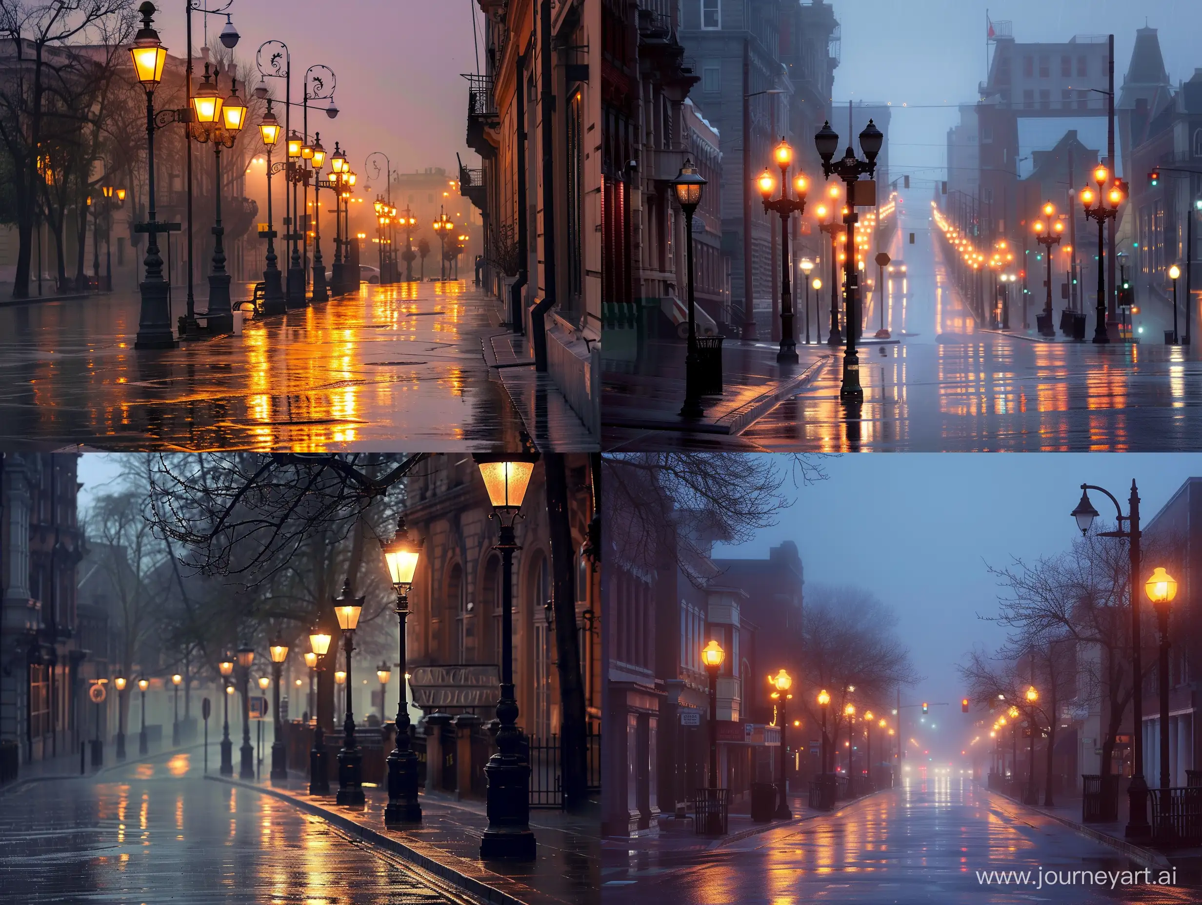 Rainy-Morning-in-a-Bustling-Town-Serene-Street-Scene-with-Glowing-Lamps