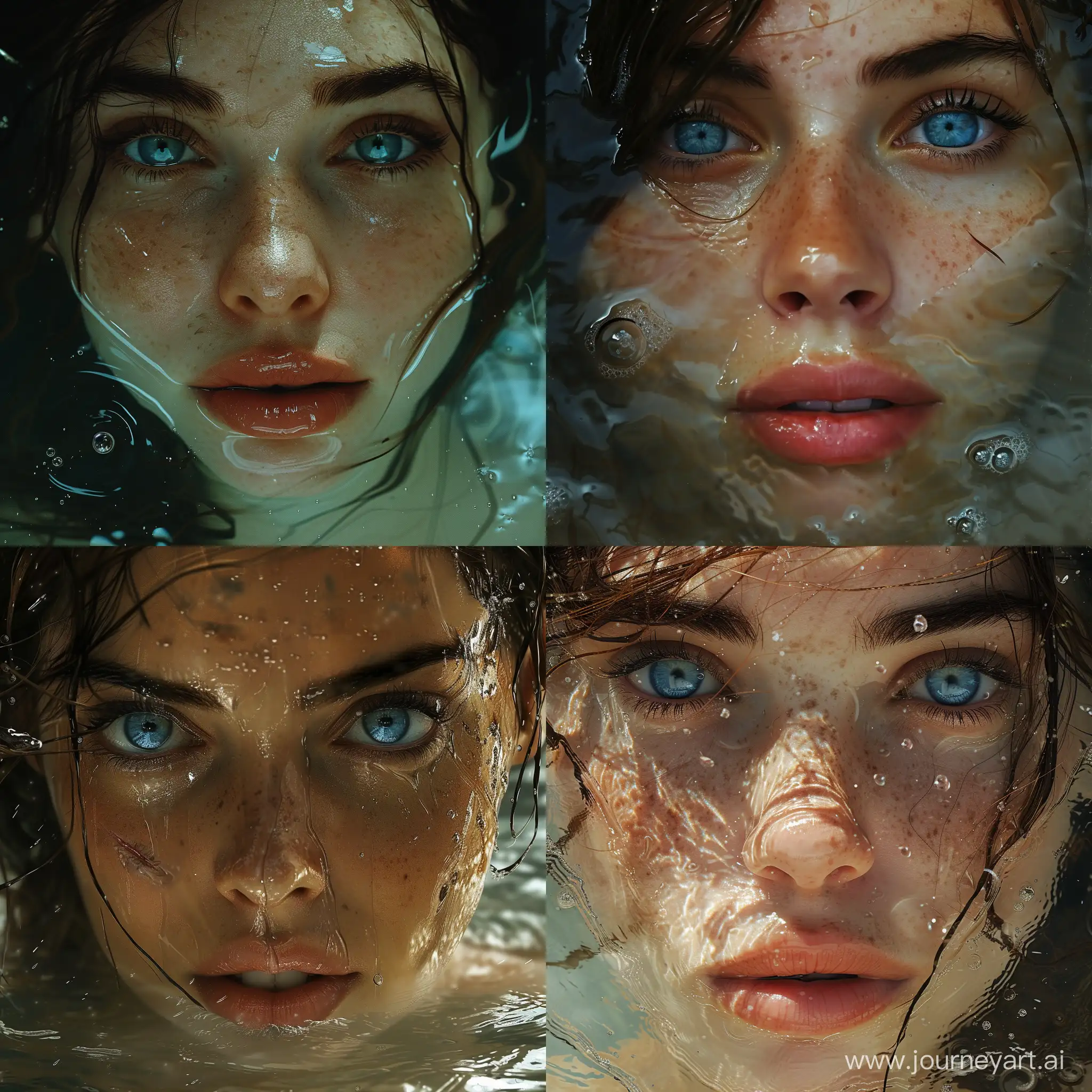 the face of woman with beautiful blue eyes, in water, in the style of dystopian realism, realistic perspective, xbox 360 graphics, surrealistic realism, emotive realism, soggy, eerily realistic  stylize 