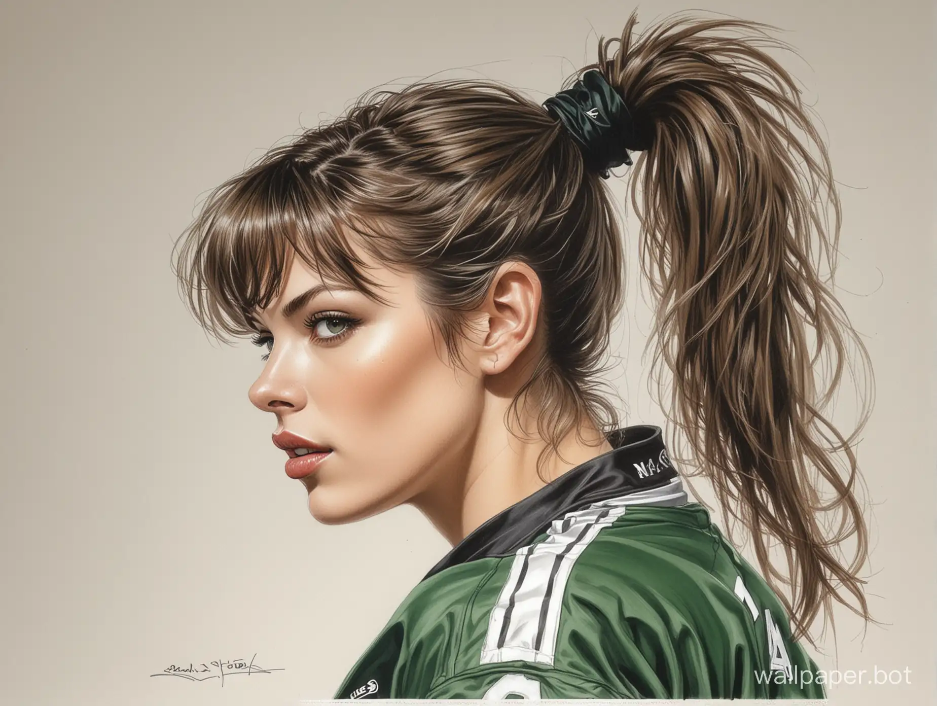 sketch Mila Jovovich  25 years old light hair with styling 6 breast size narrow waist In black-green soccer uniform white background marker sketch Style Luis Royo portrait