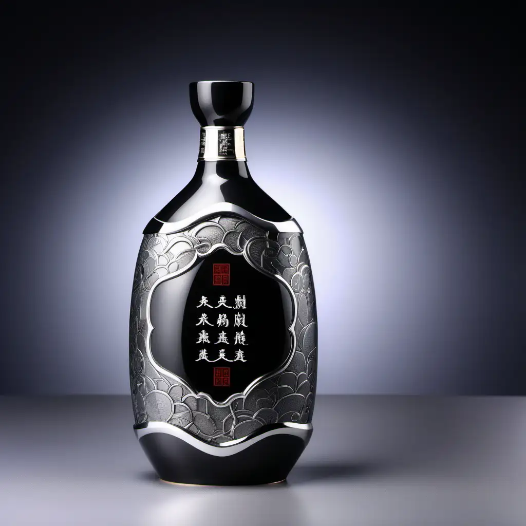 Chinese liquor packaging design, high end liquor, 500 ml ceramic bottle, photograph images, high details, silver and black texture, novel bottle shape