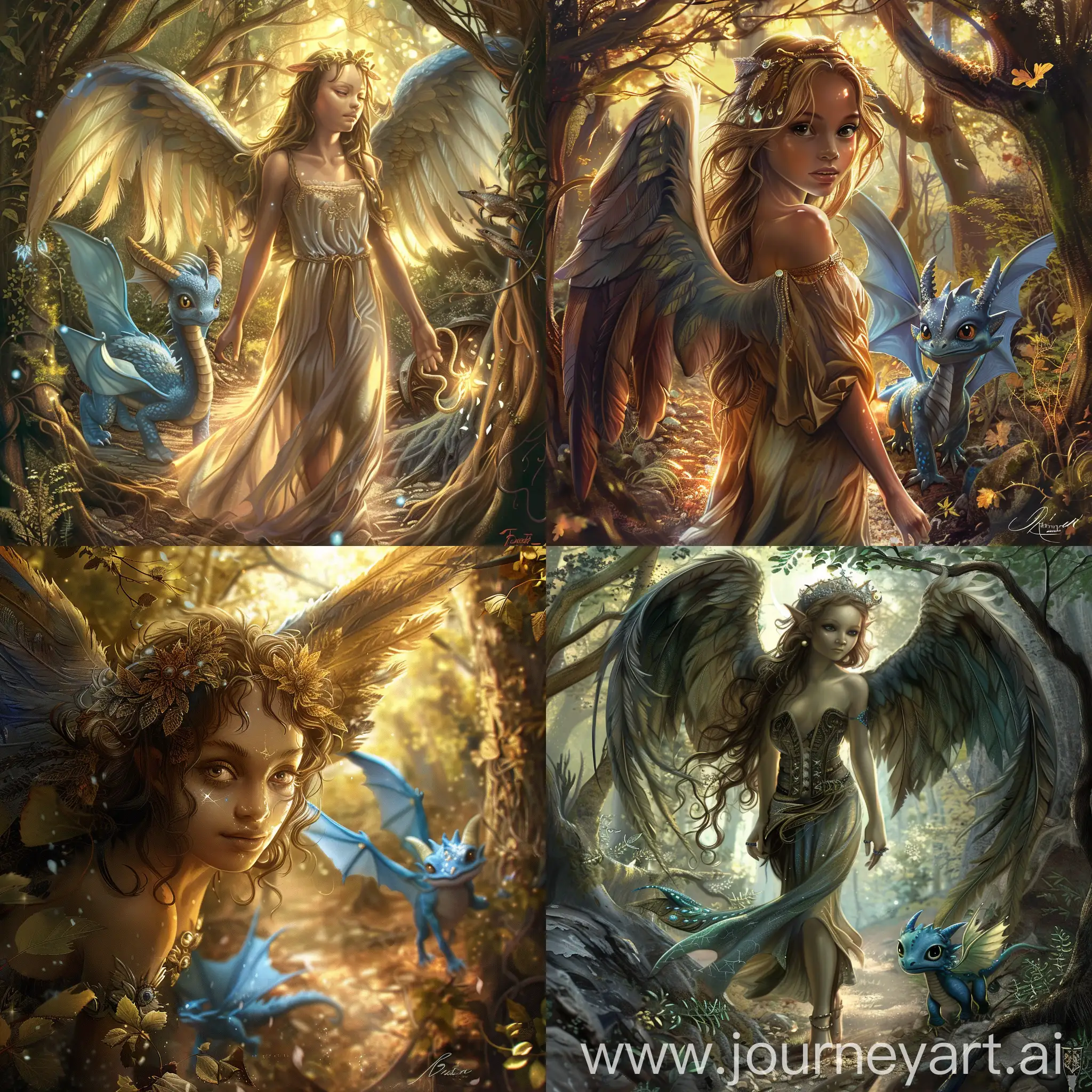Enchanting-Medieval-Angel-Strolling-with-Cute-Blue-Dragon-in-Magical-Forest