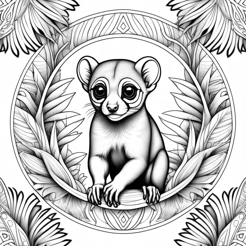 coloring page for adults, mandala, jungle image (Kinkajou), white background, clean line art, fine line art--HD--AR 2:3