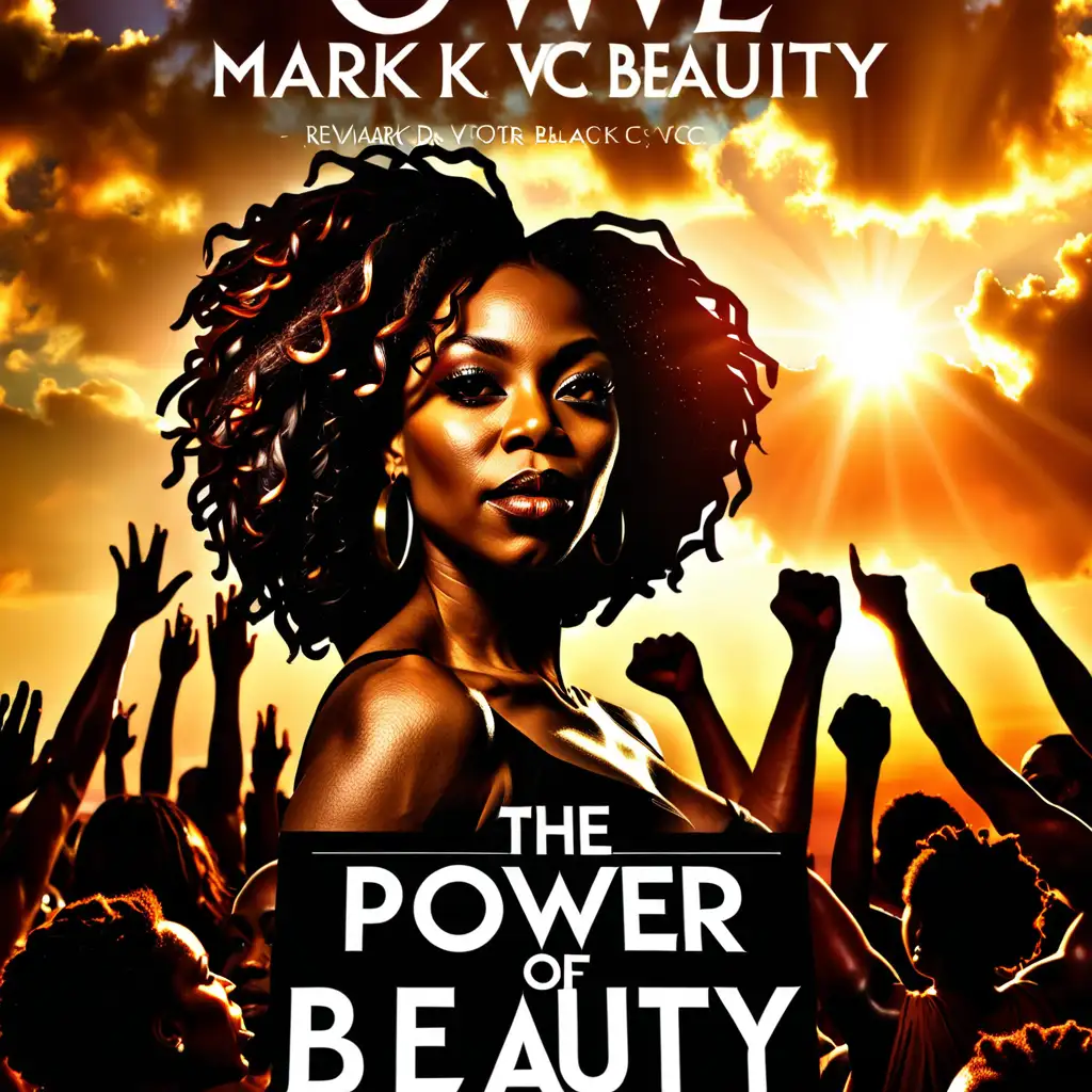 create a beautiful book cover for me with the title, "The Power of Beauty" by Rev. Dr. Mark VC Taylor. Have the cover include a crowd of protestors, a beautiful black woman and a sunset.
