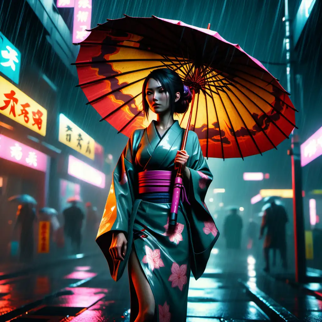 In a cyberpunk 2077 city, a beautiful, skinny Japanese woman in a kimono stands with a fiery umbrella over her head. It's a rainy night. Ghosts walk around. Realistic image.