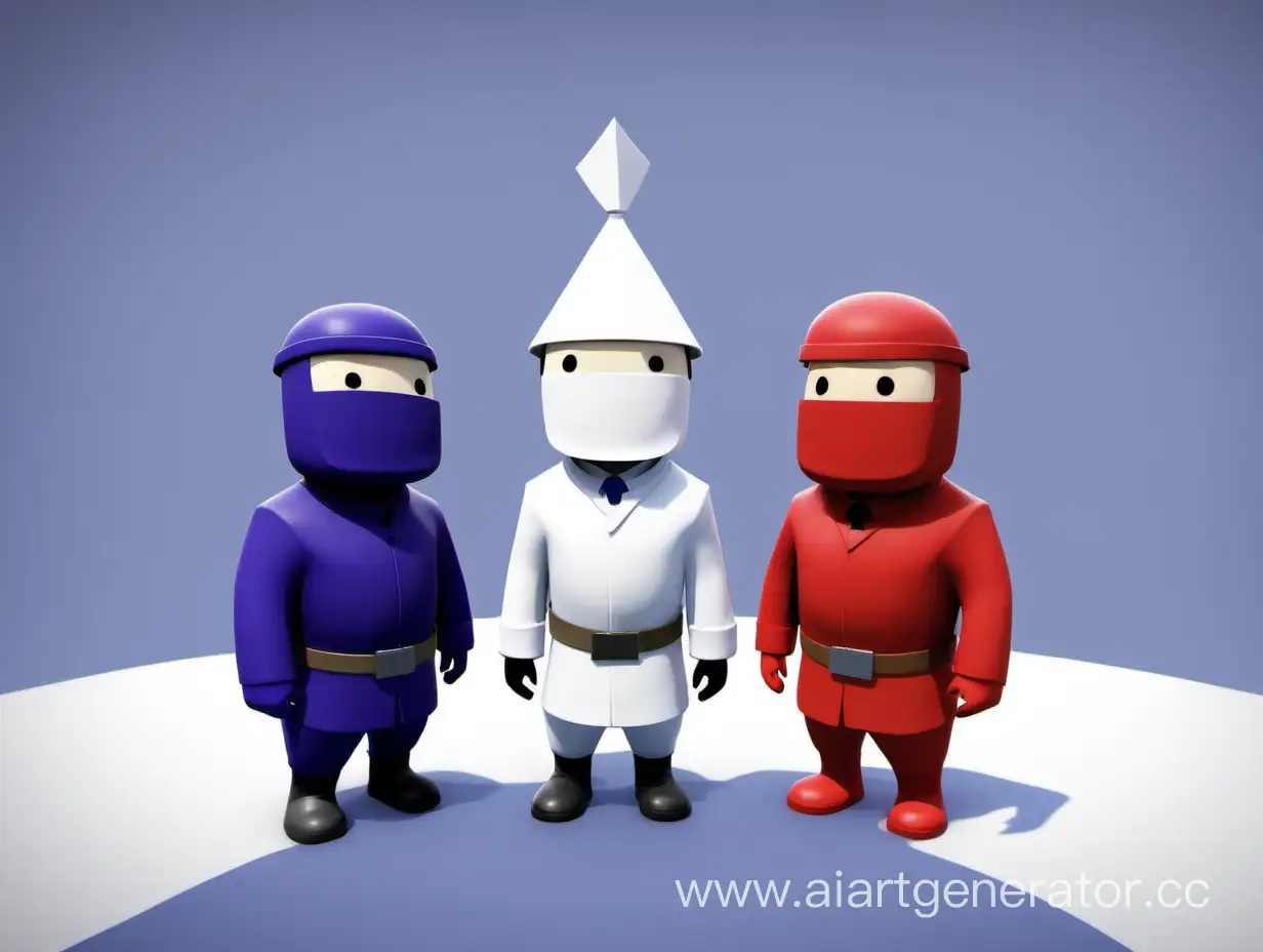 
3 simple characters like in Human Fall Flat are three of them, like brothers. Red, blue and purple. White background, there is nothing nearby. 