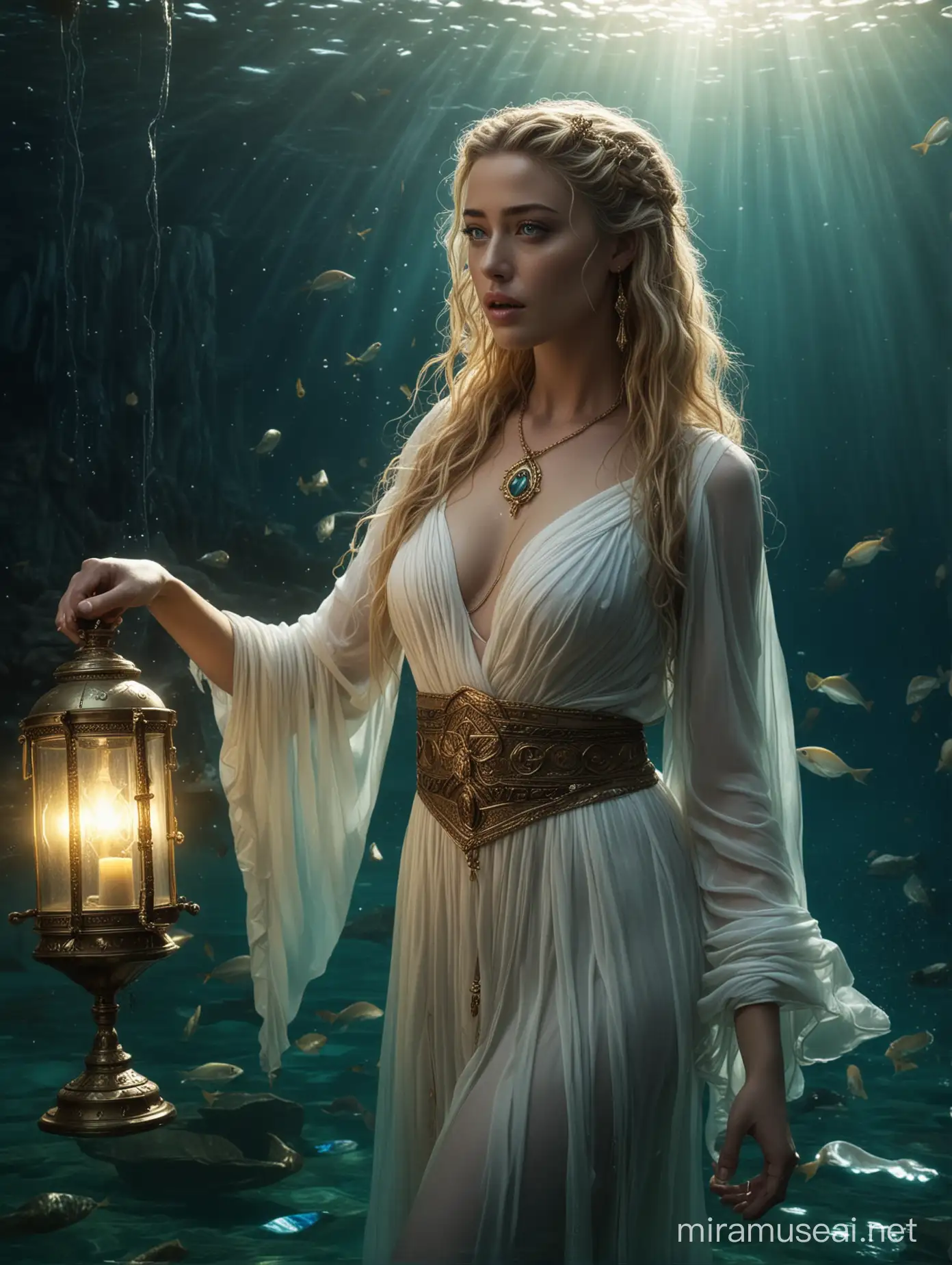 A masterpieced of Amber Heard as Isis, Egyptian goddess of the sea. She is under the sea, and her Greek dress flows ethereally in the water until it mixes with the water until it disappears. She has has blue eyes and blonde hair. She is holding a lamp that contrasts with its brightness in the dark waters.