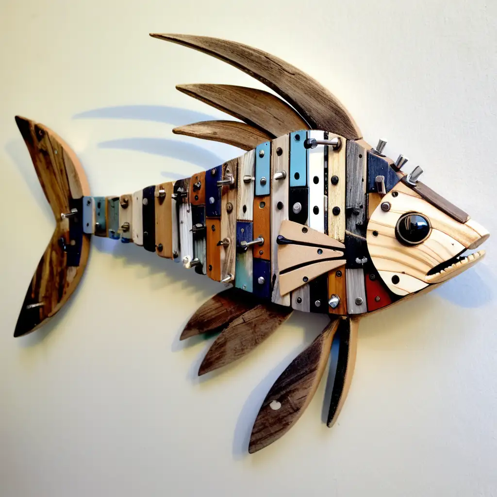 Unique Shortfish Sculpture Crafted from Screws PC Boards and Driftwood