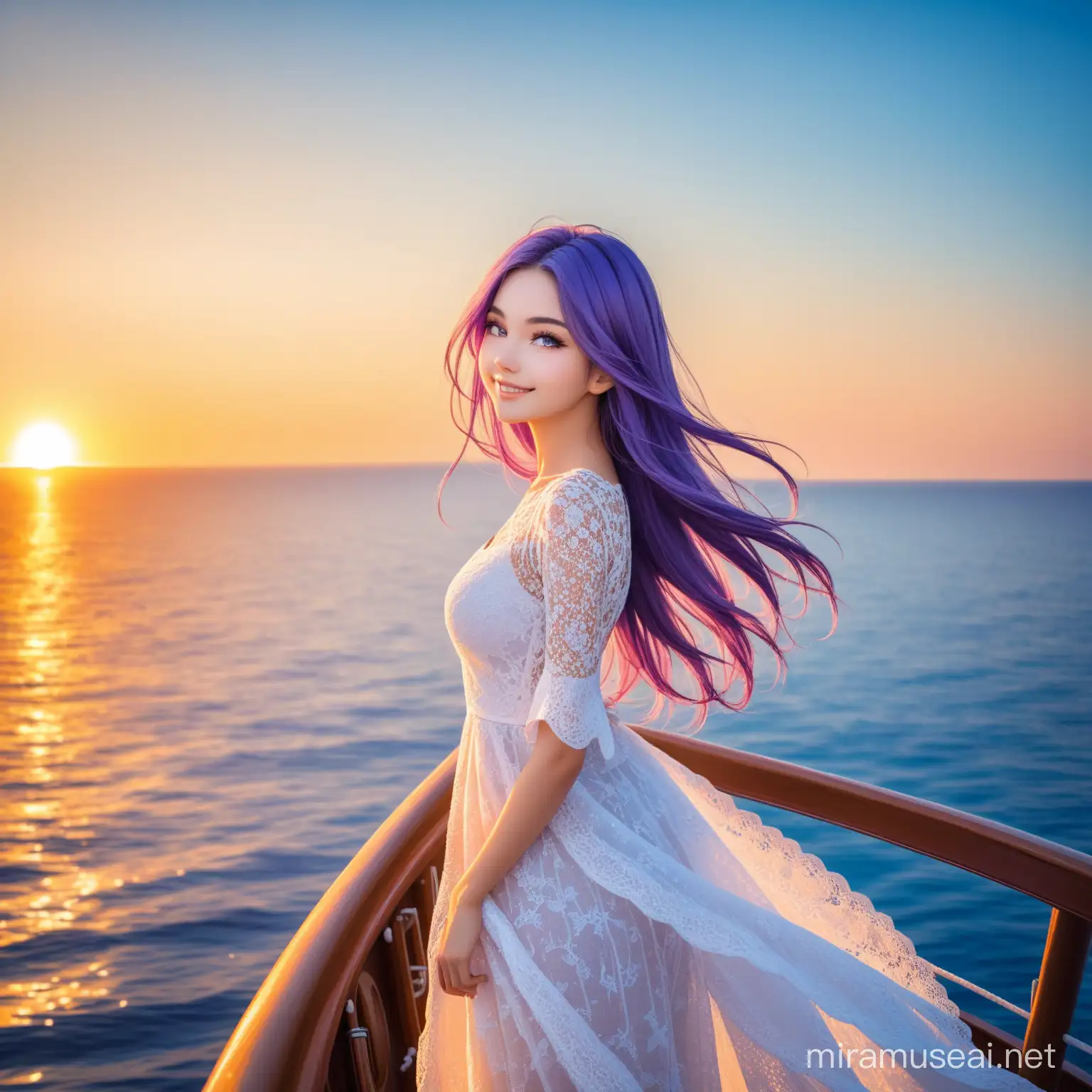SUPER beautiful girl with long purple hair in lace clothes standing on the bow of a beautiful ship, smiling and looking into the distance, sunrise, warmth, blue sea, blue sky