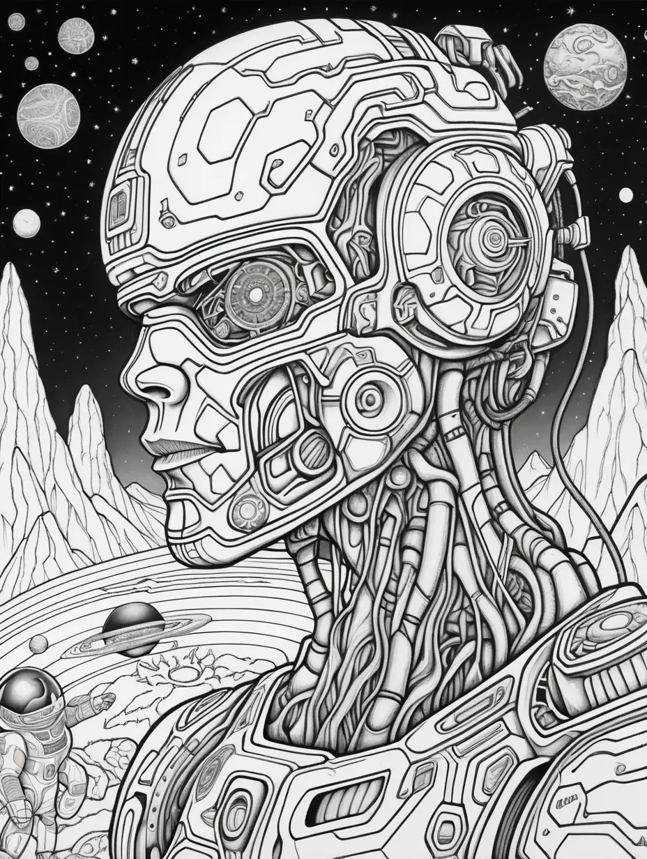 Cyborg in Galactic Outerspace Surreal Adult Coloring Book Image